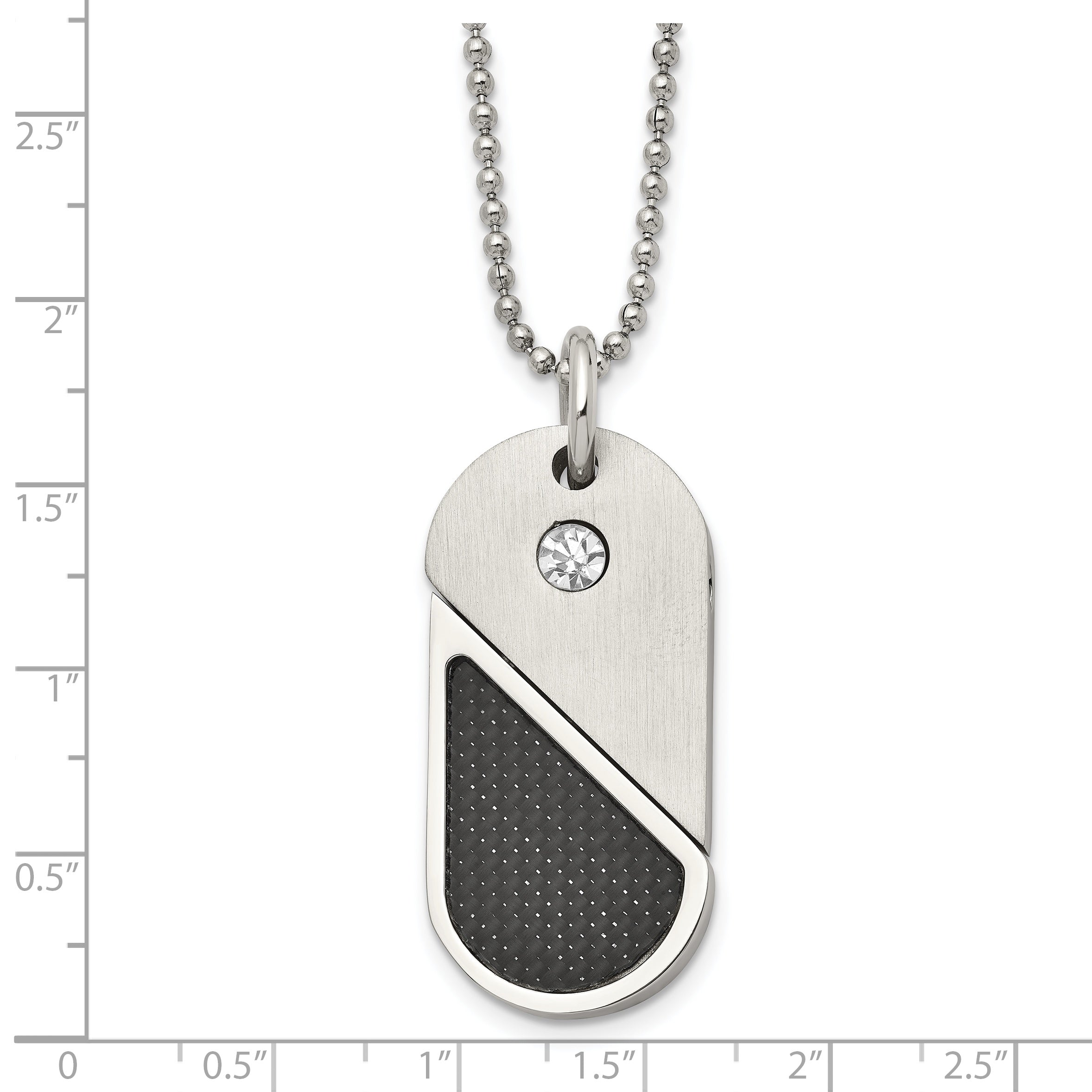 Chisel Stainless Steel Brushed and Polished with CZ and Carbon Fiber Inlay Movable DogTag/Heart Pendant on a 22 in Ball Chain Necklace