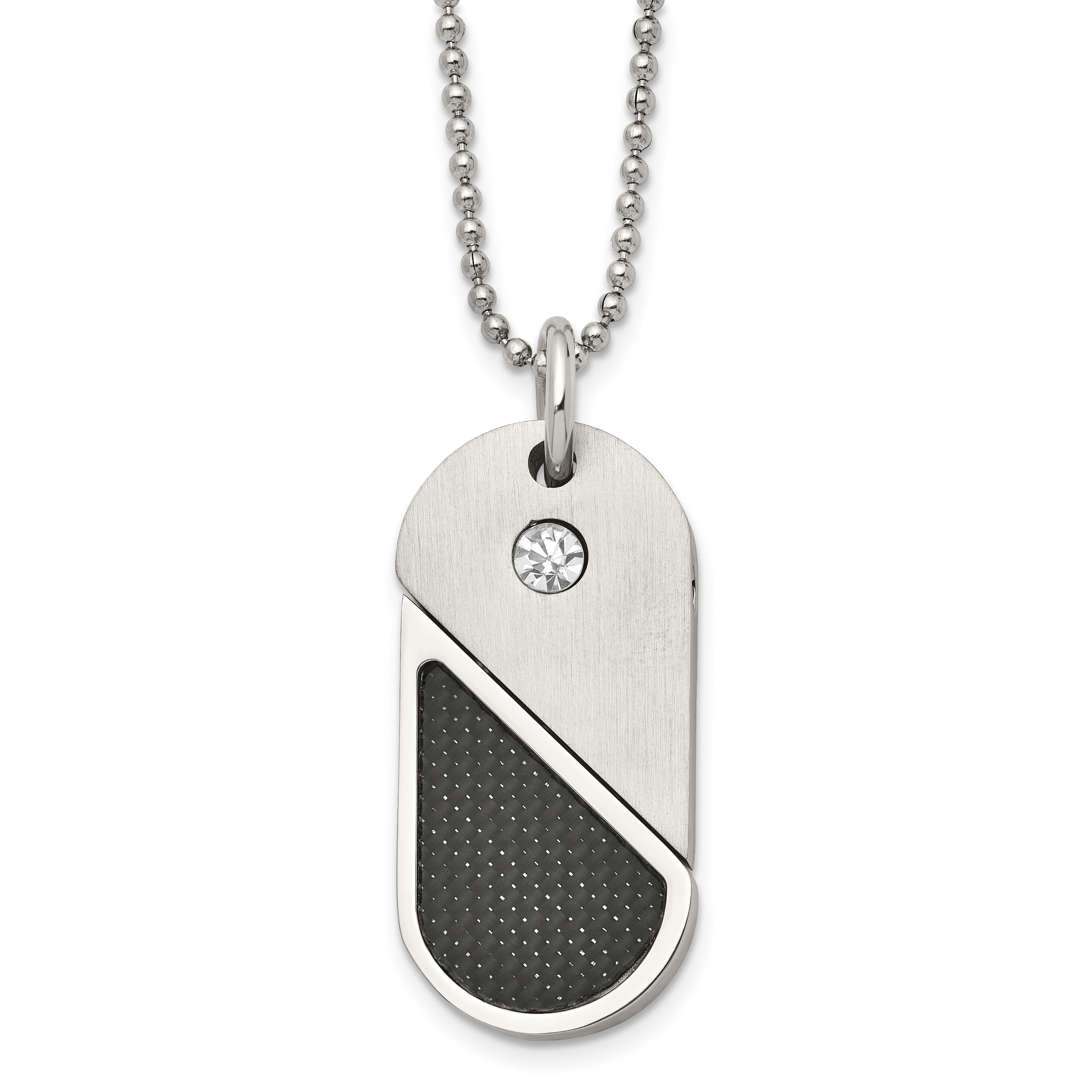 Chisel Stainless Steel Brushed and Polished with CZ and Carbon Fiber Inlay Movable DogTag/Heart Pendant on a 22 in Ball Chain Necklace Main image