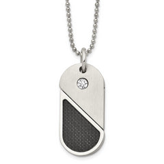 Chisel Stainless Steel Brushed and Polished with CZ and Carbon Fiber Inlay Movable DogTag/Heart Pendant on a 22 in Ball Chain Necklace