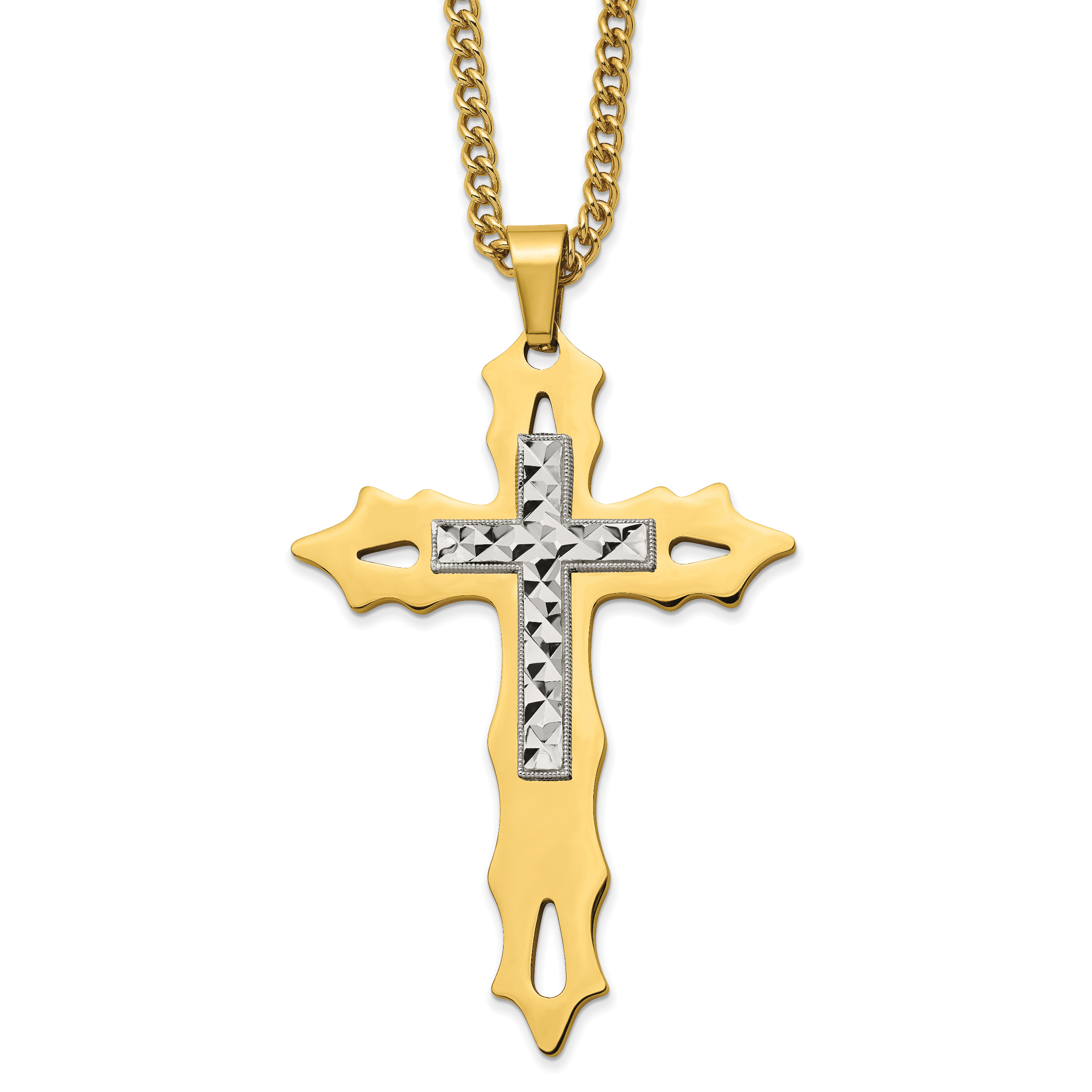 Chisel Stainless Steel Polished Yellow IP-plated Diamond Cut Cross Pendant on a 24 inch Curb Chain Necklace Main image