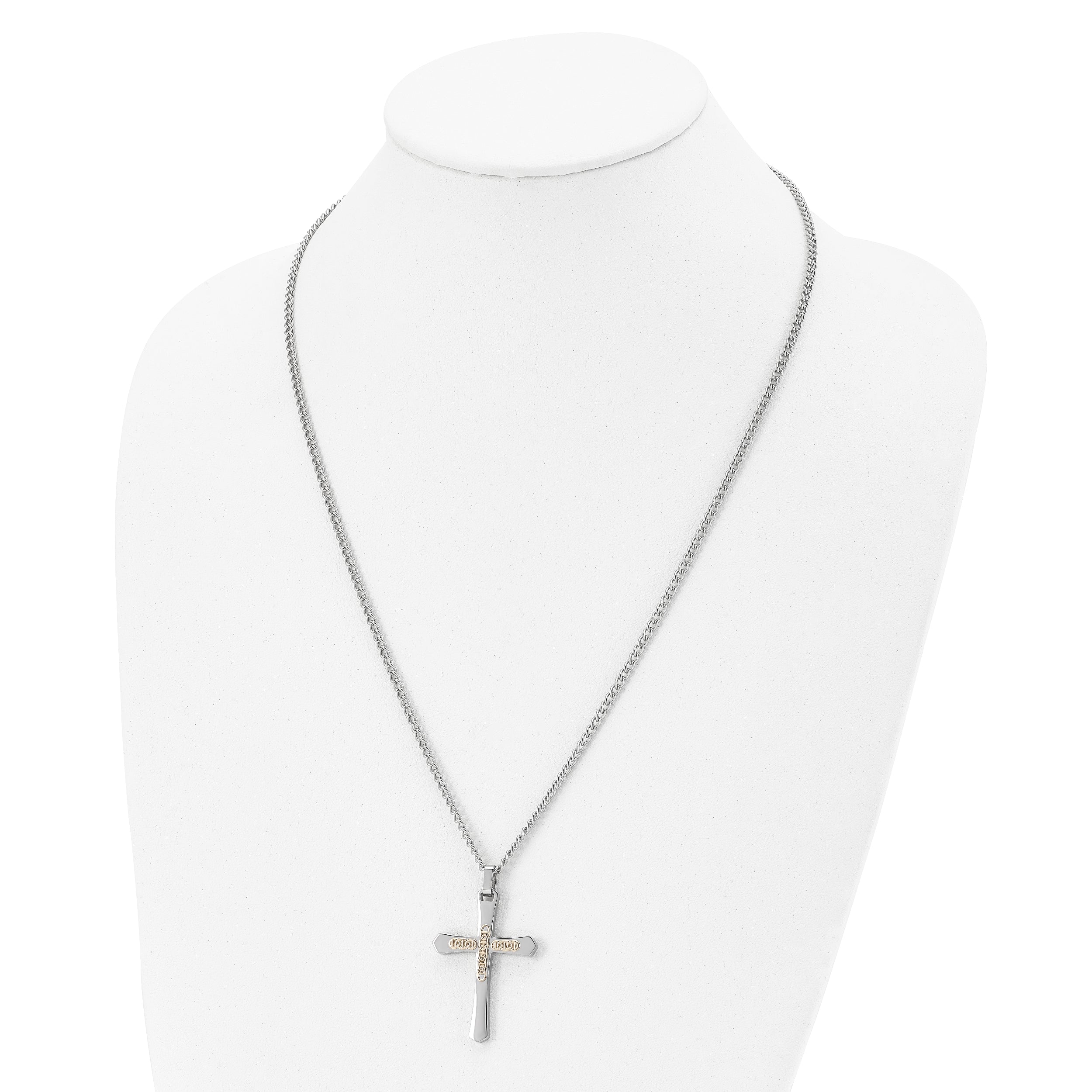 Chisel Stainless Steel Polished with 14k Gold Accent Cross Pendant on a 24 inch Curb Chain Necklace