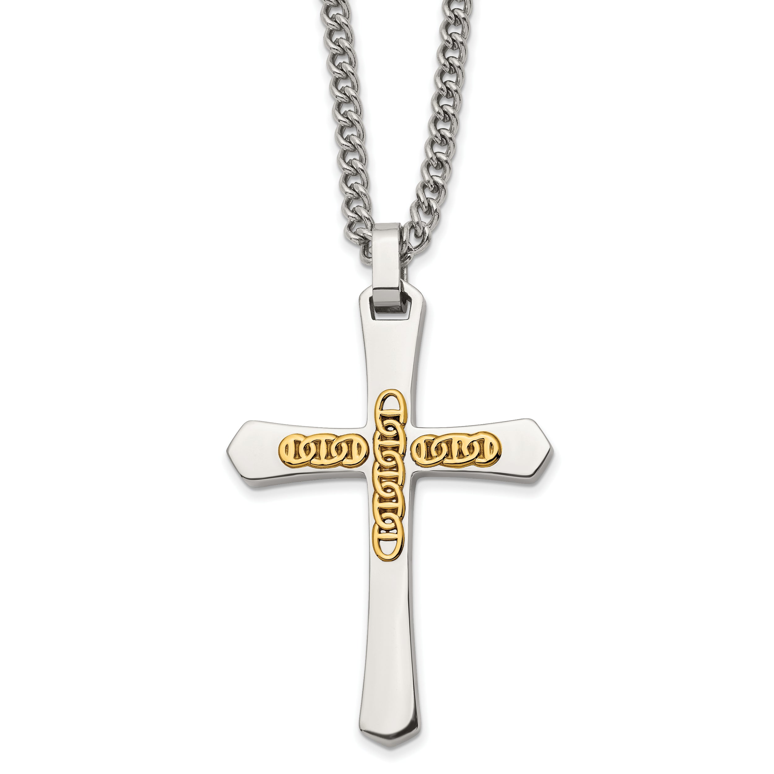 Chisel Stainless Steel Polished with 14k Gold Accent Cross Pendant on a 24 inch Curb Chain Necklace
