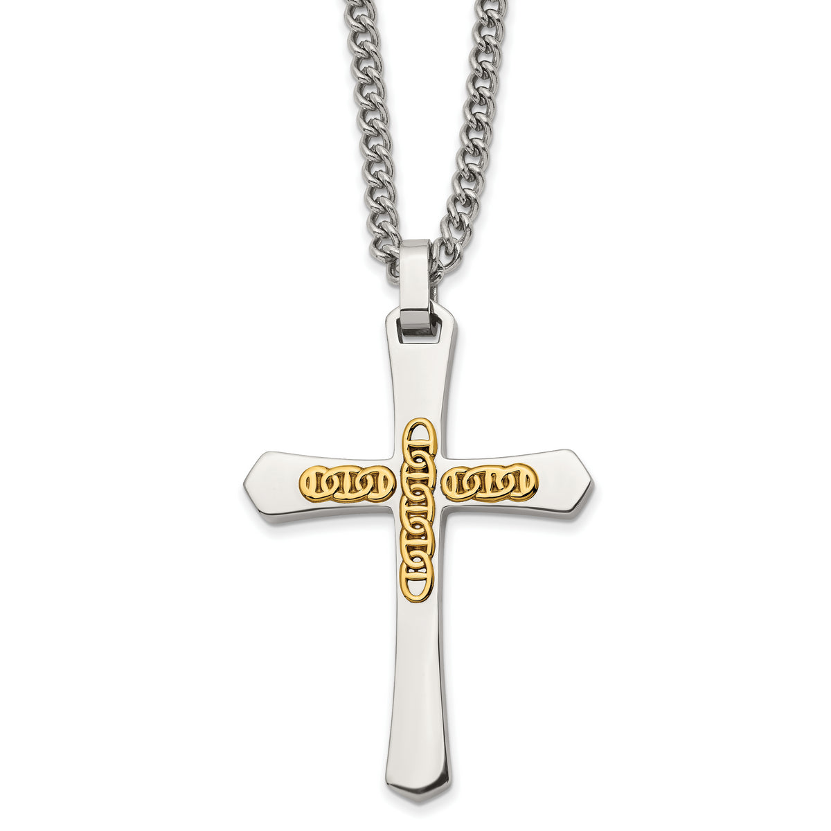 Chisel Stainless Steel Polished with 14k Gold Accent Cross Pendant on a 24 inch Curb Chain Necklace
