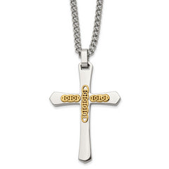 Chisel Stainless Steel Polished with 14k Gold Accent Cross Pendant on a 24 inch Curb Chain Necklace