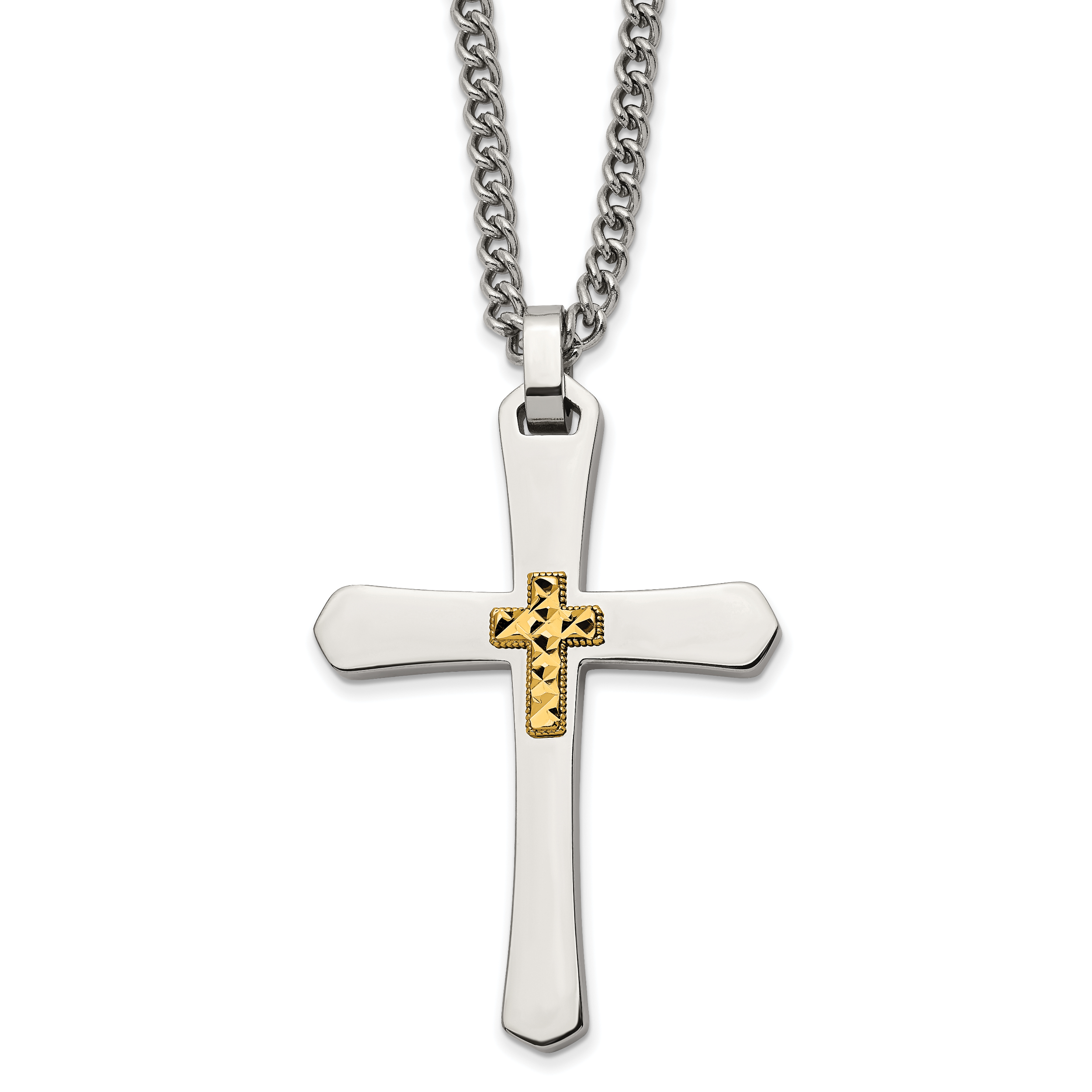 Chisel Stainless Steel Polished with 14k Gold Accent Diamond-cut Cross Pendant on a 24 inch Curb Chain Necklace Main image