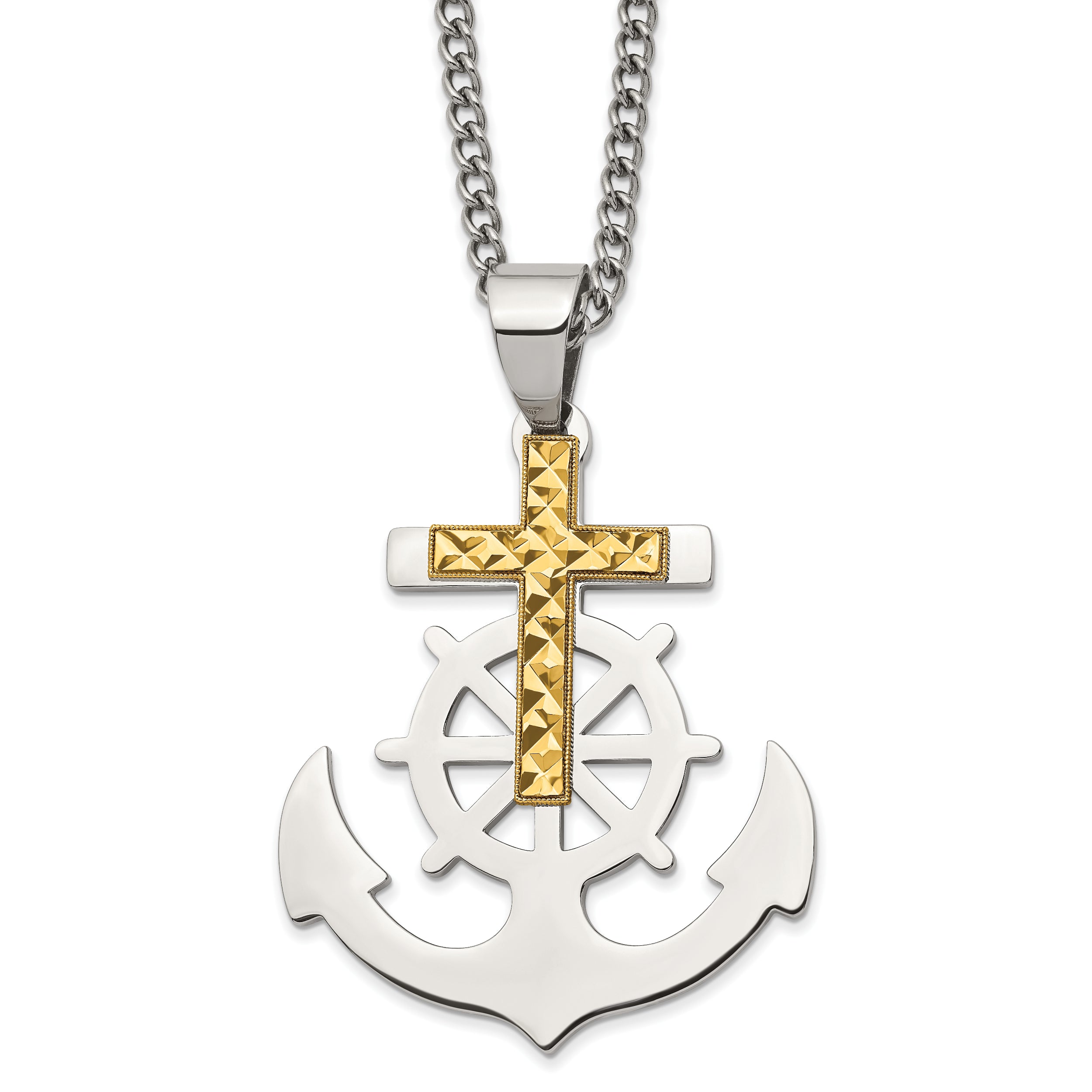 Chisel Stainless Steel Polished Anchor with Yellow IP-plated Diamond cut Cross Pendant on a 24 inch Curb Chain Necklace