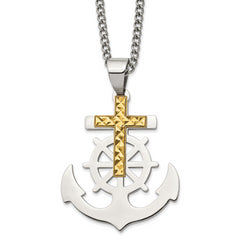 Chisel Stainless Steel Polished Anchor with Yellow IP-plated Diamond cut Cross Pendant on a 24 inch Curb Chain Necklace