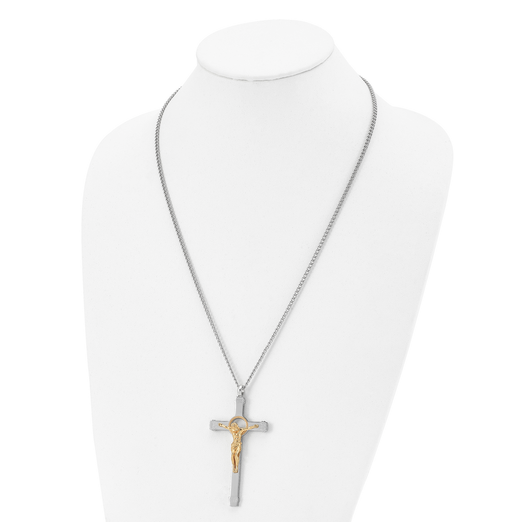 Chisel Stainless Steel Polished Yellow IP-plated Crucifix Pendant on a 24 inch Curb Chain Necklace