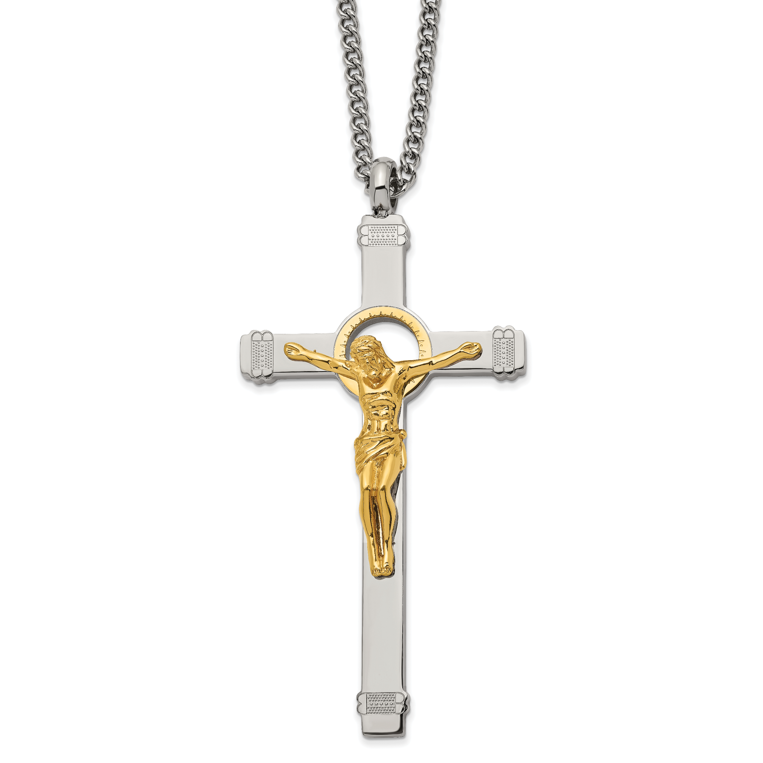 Chisel Stainless Steel Polished Yellow IP-plated Crucifix Pendant on a 24 inch Curb Chain Necklace Main image