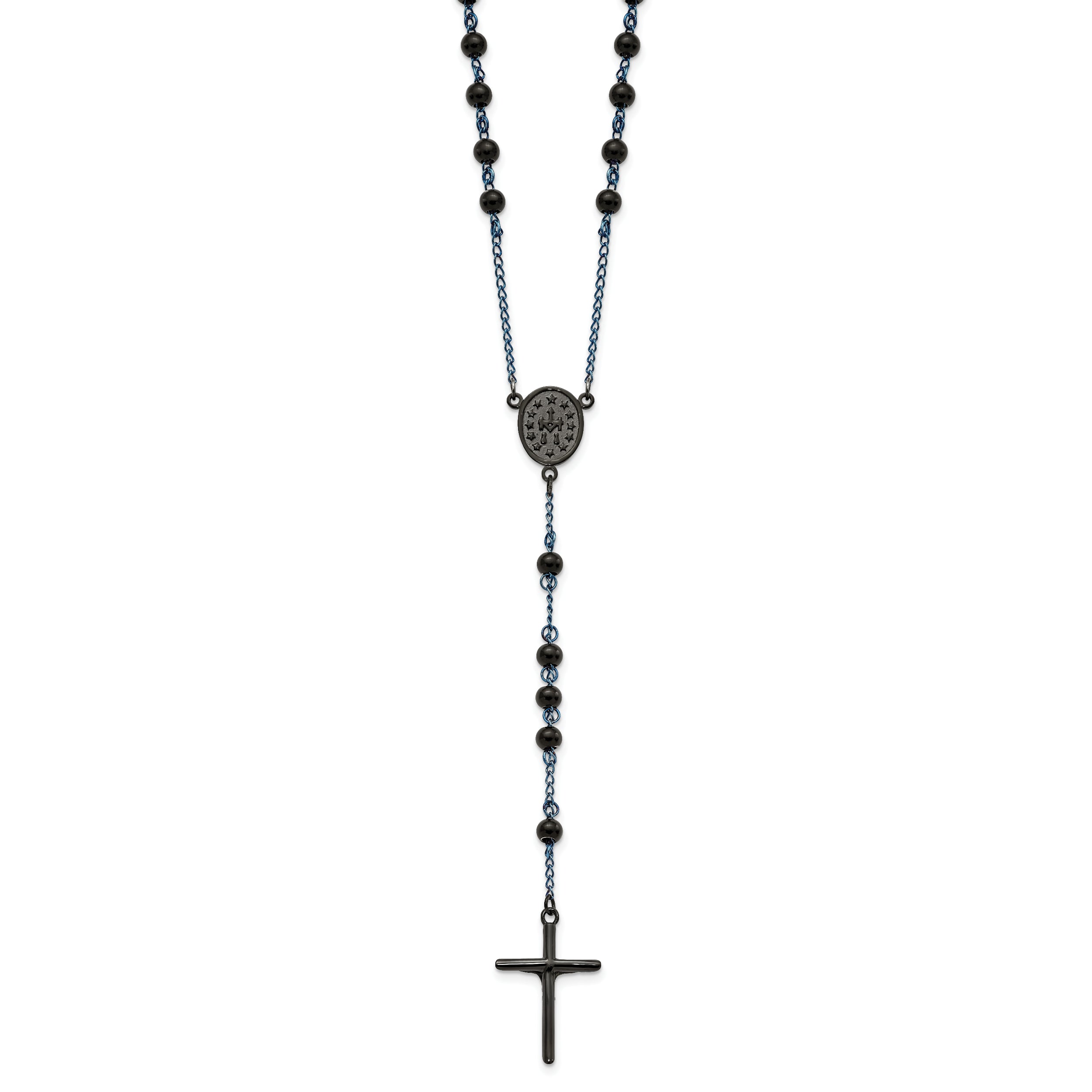 Chisel Stainless Steel Polished Black and Blue IP-plated 30 inch Rosary Necklace