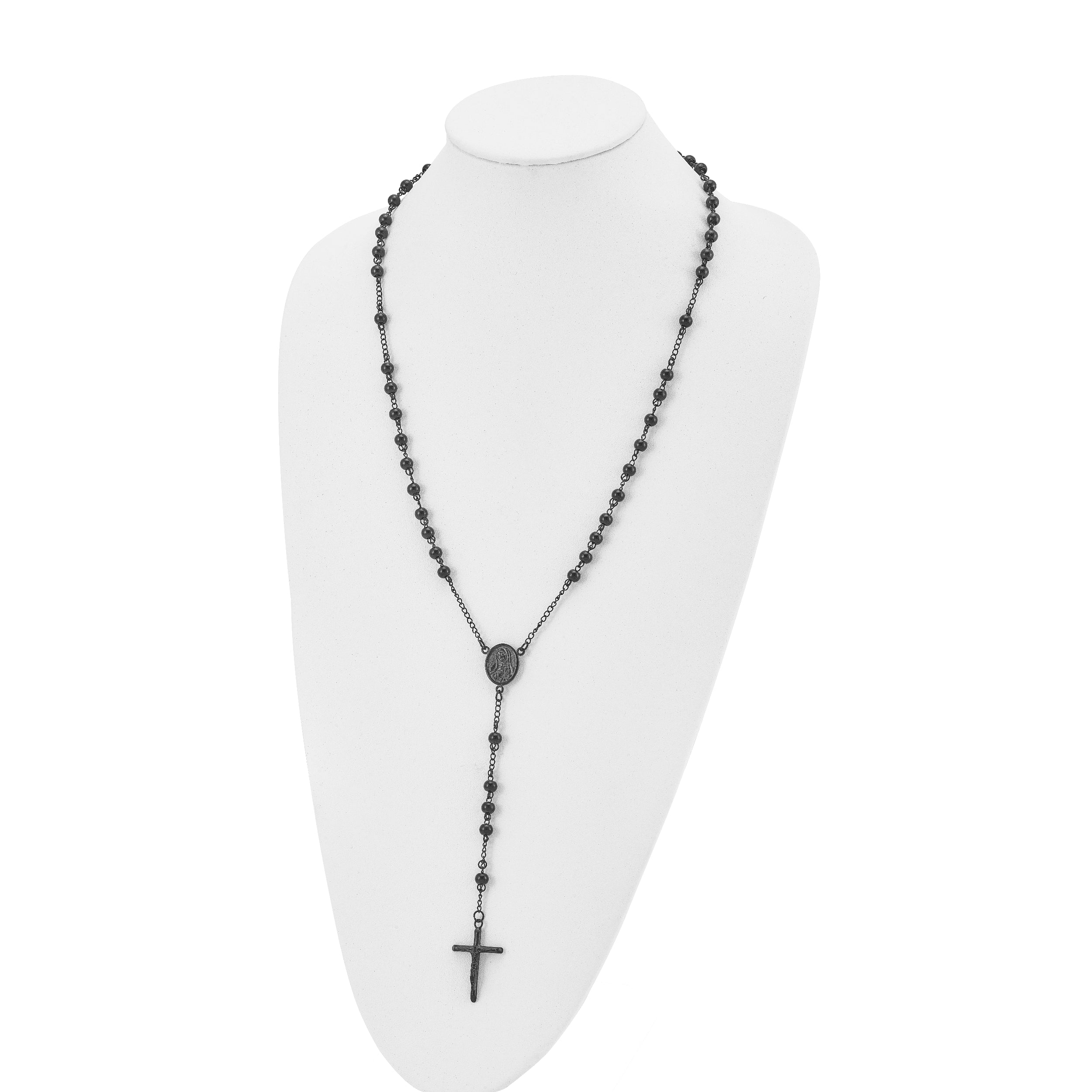 Chisel Stainless Steel Polished Black IP-plated Beaded 30 inch Rosary Necklace