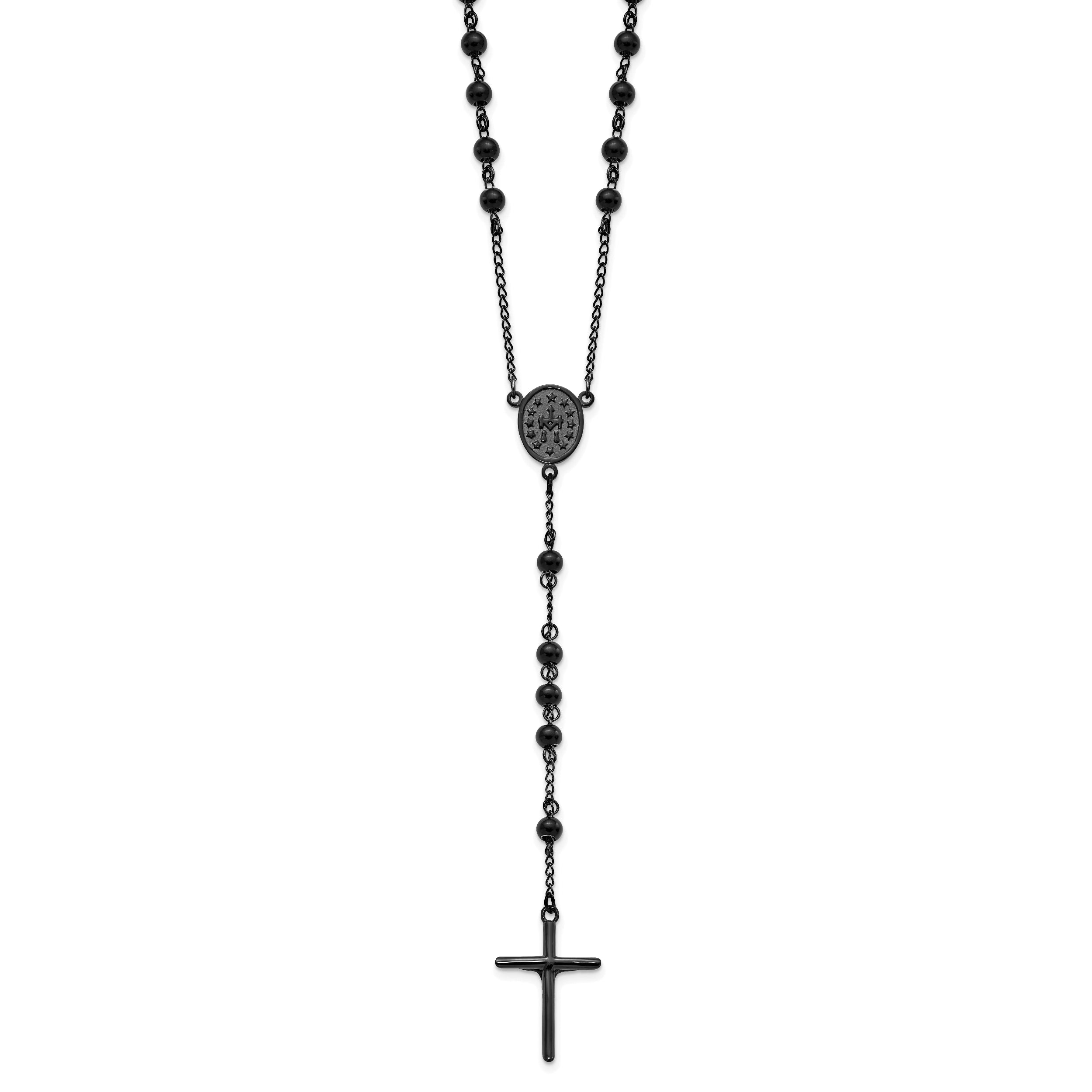 Chisel Stainless Steel Polished Black IP-plated Beaded 30 inch Rosary Necklace