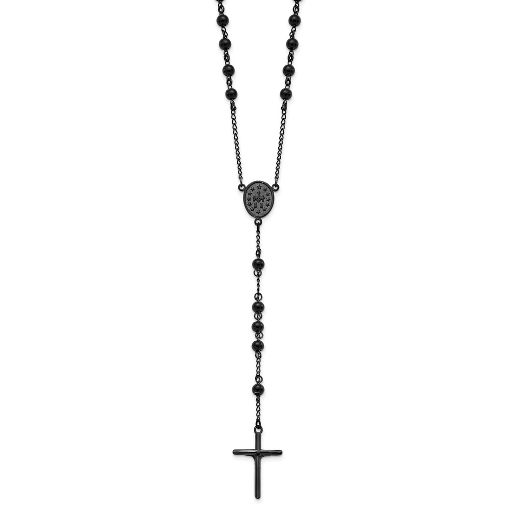 Chisel Stainless Steel Polished Black IP-plated Beaded 30 inch Rosary Necklace