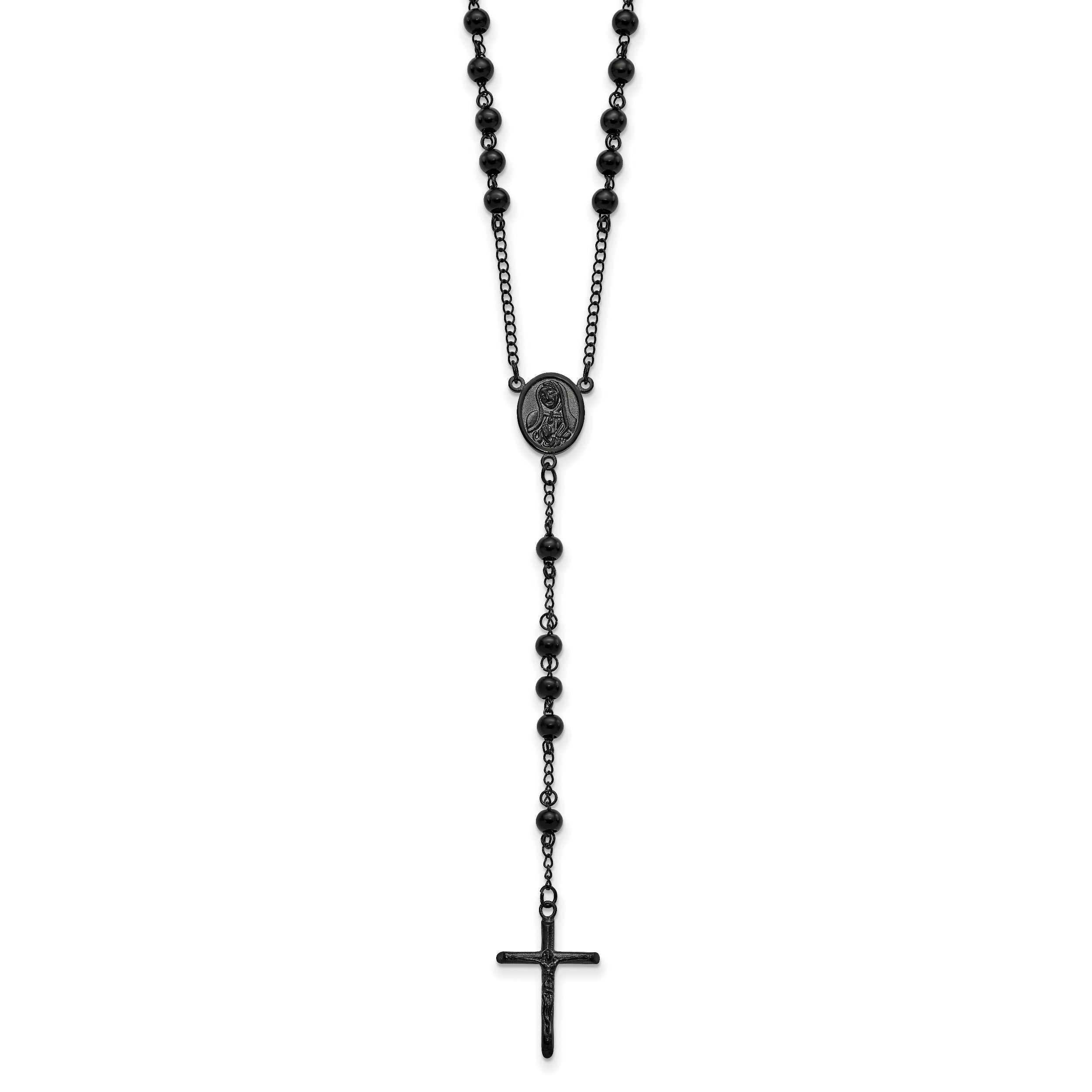 Chisel Stainless Steel Polished Black IP-plated Beaded 30 inch Rosary Necklace