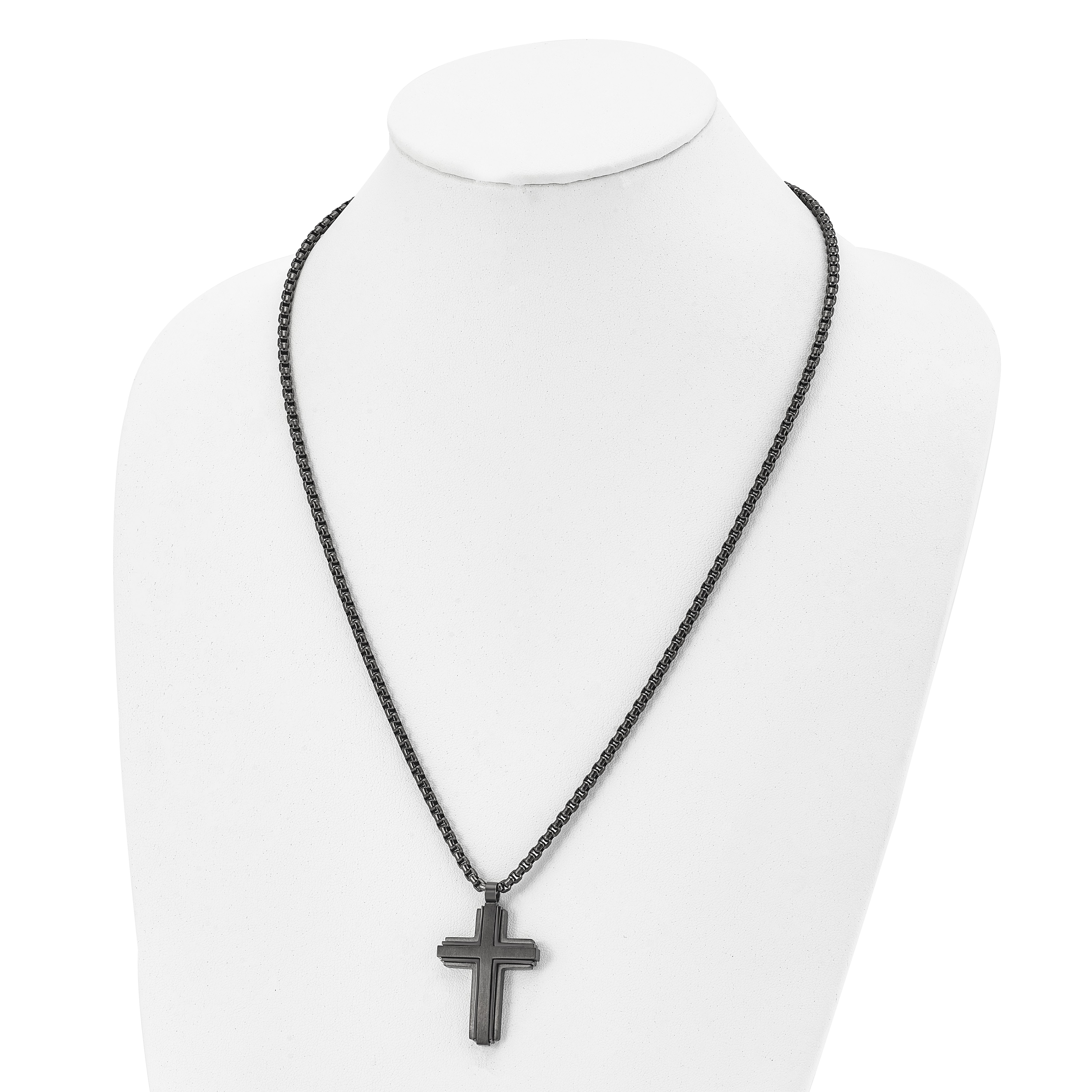 Chisel Stainless Steel Brushed and Polished Black IP-plated Cross Pendant on a 24 inch Box Chain Necklace Secondary image
