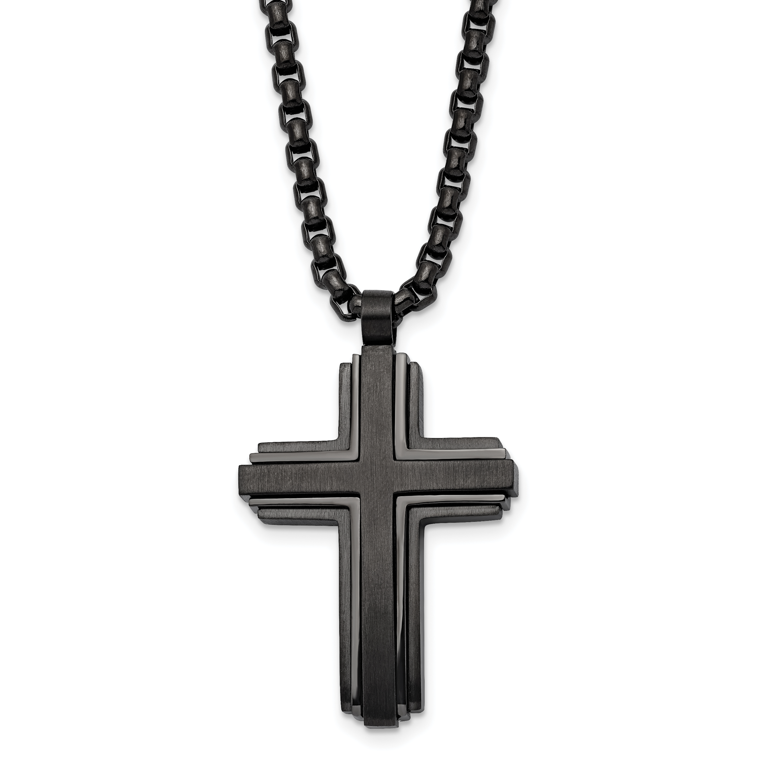 Chisel Stainless Steel Brushed and Polished Black IP-plated Cross Pendant on a 24 inch Box Chain Necklace Main image