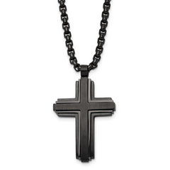 Chisel Stainless Steel Brushed and Polished Black IP-plated Cross Pendant on a 24 inch Box Chain Necklace