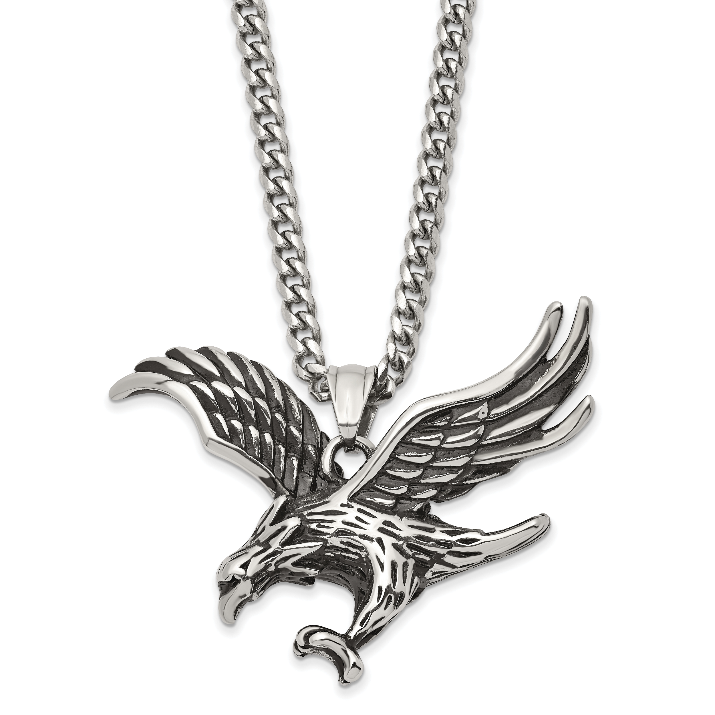 Chisel Stainless Steel Antiqued and Polished Eagle Pendant on a 24 inch Curb Chain Necklace Main image