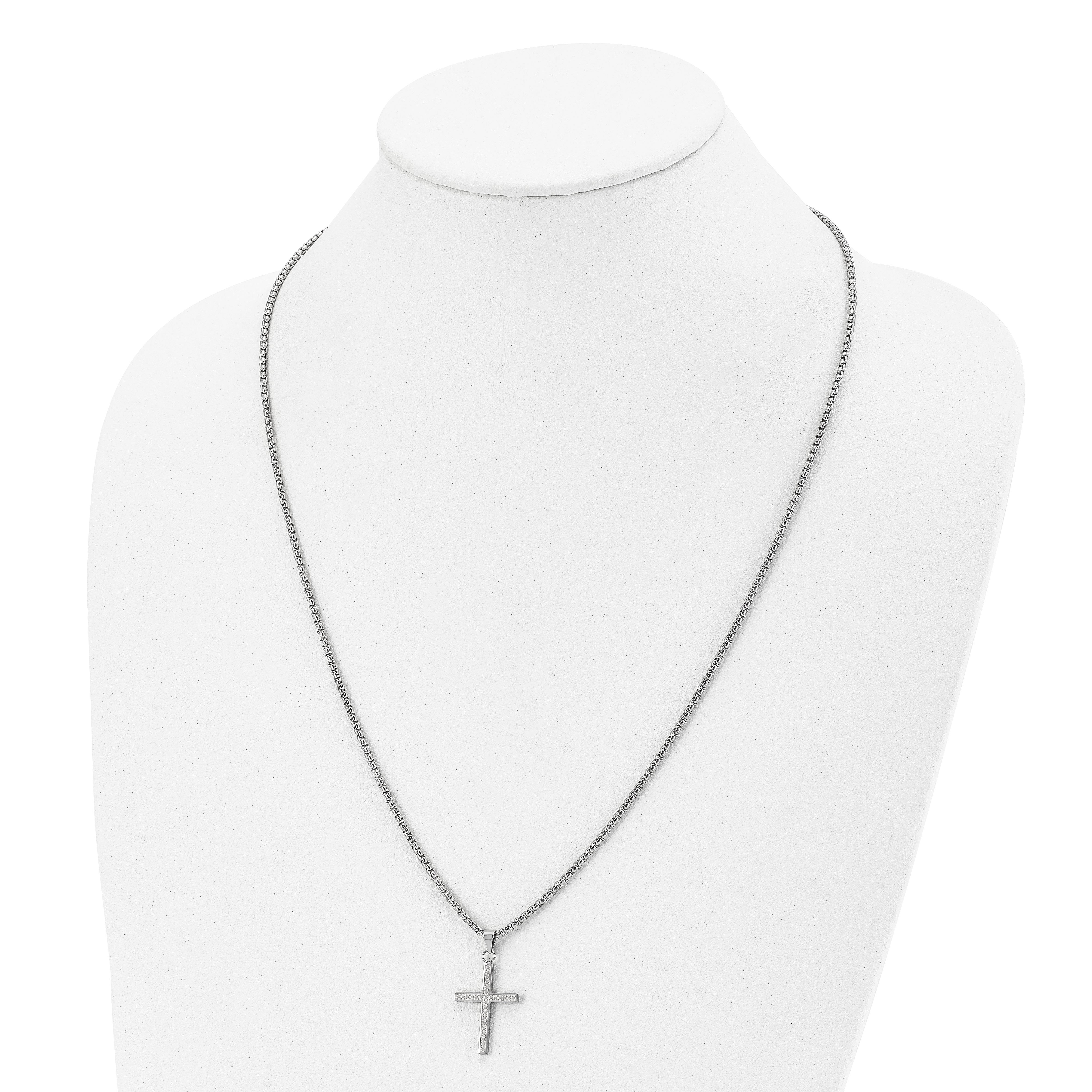 Chisel Stainless Steel Polished and Textured Cross Pendant on a 24 inch Box Chain Necklace