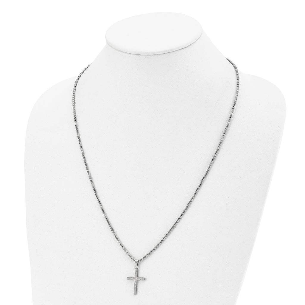 Chisel Stainless Steel Polished and Textured Cross Pendant on a 24 inch Box Chain Necklace