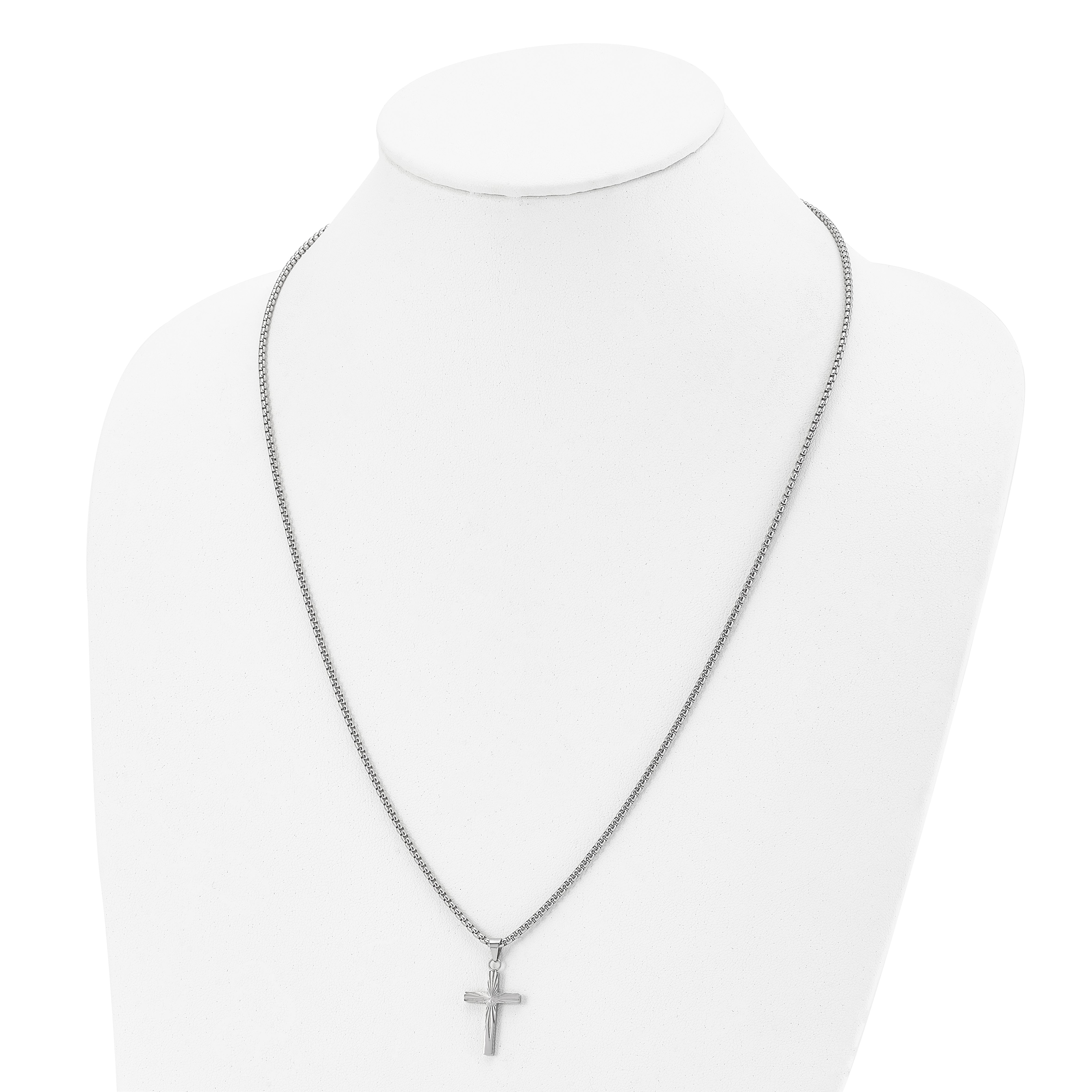 Chisel Stainless Steel Polished and Textured Sunburst Design Cross Pendant on a 24 inch Box Chain Necklace