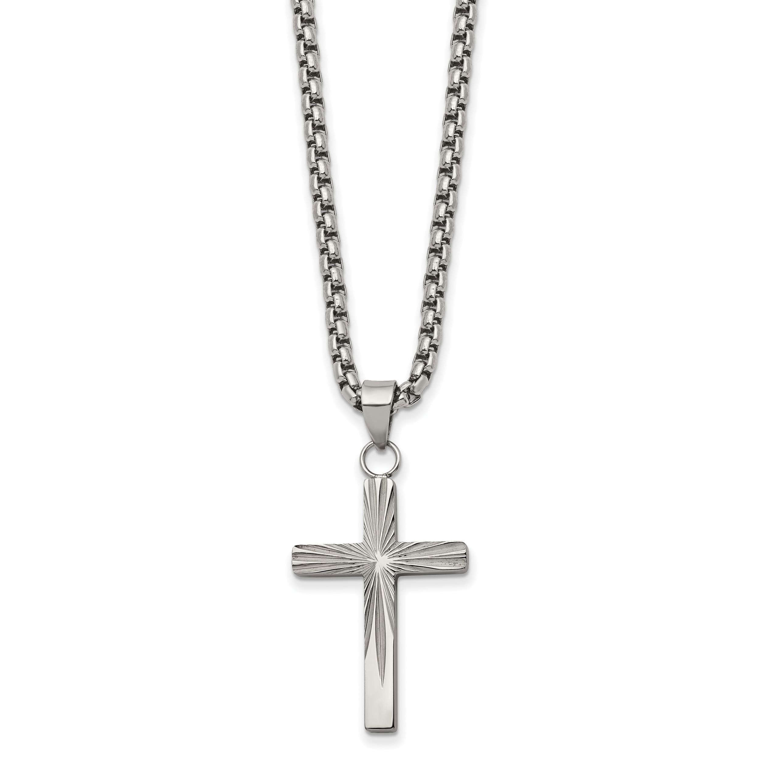 Chisel Stainless Steel Polished and Textured Sunburst Design Cross Pendant on a 24 inch Box Chain Necklace Main image
