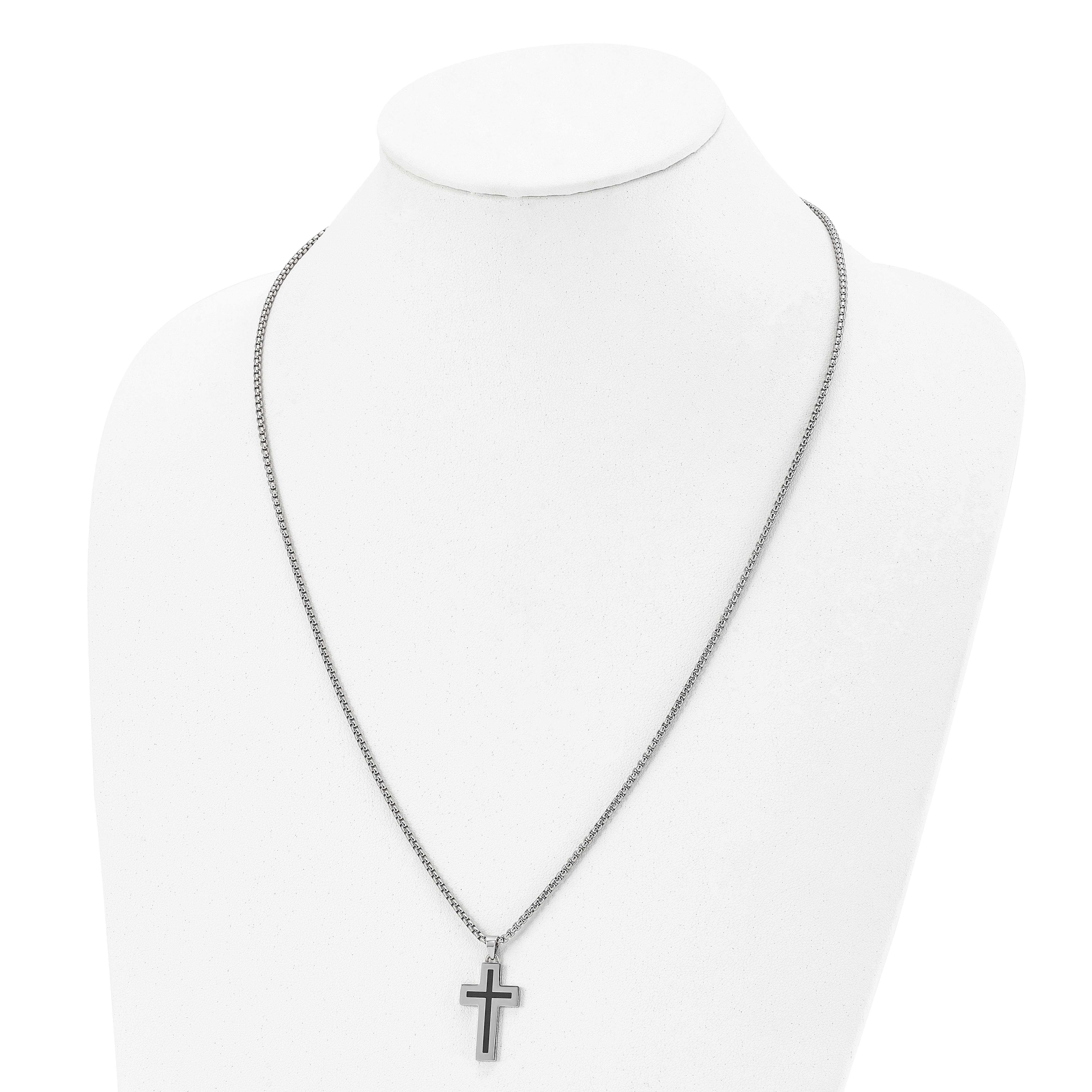 Chisel Stainless Steel Polished with Black Enamel Cross Pendant on a 24 inch Box Chain Necklace