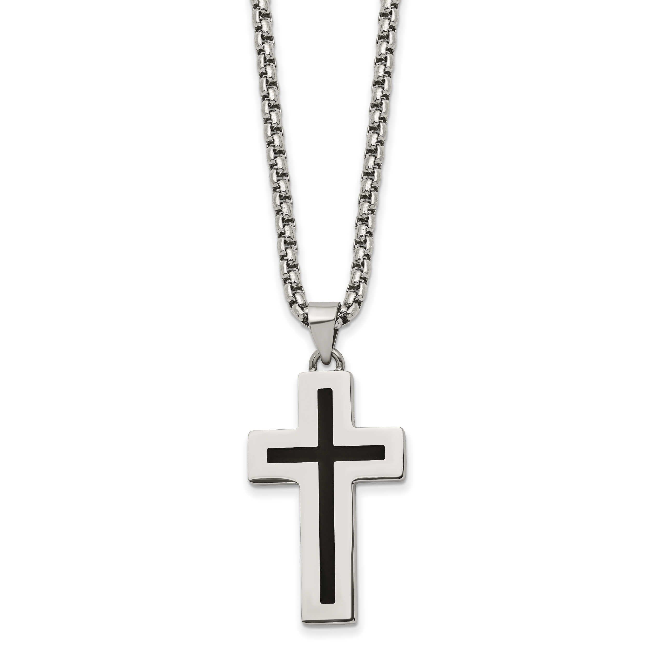Chisel Stainless Steel Polished with Black Enamel Cross Pendant on a 24 inch Box Chain Necklace Main image