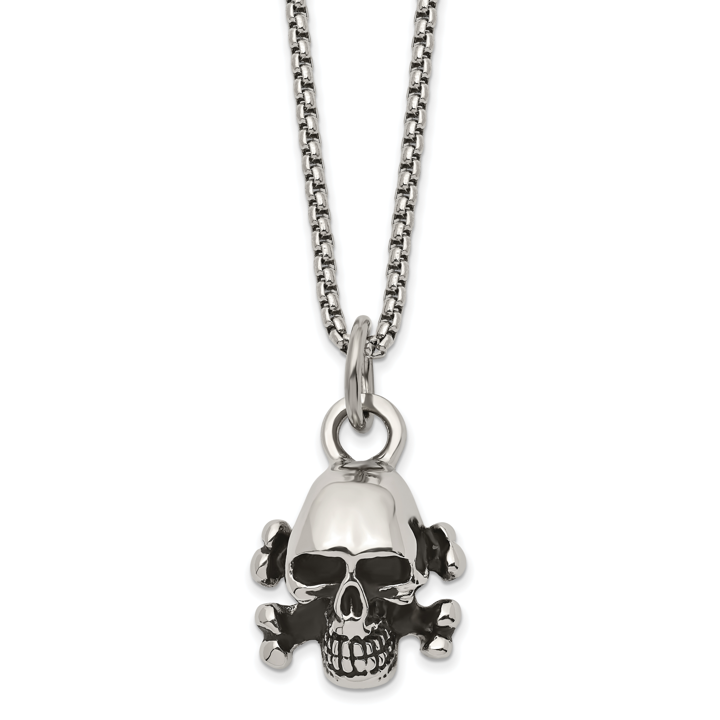 Chisel Stainless Steel Antiqued and Polished Skull and Cross Bones Pendant on a 24 inch Box Chain Necklace Main image