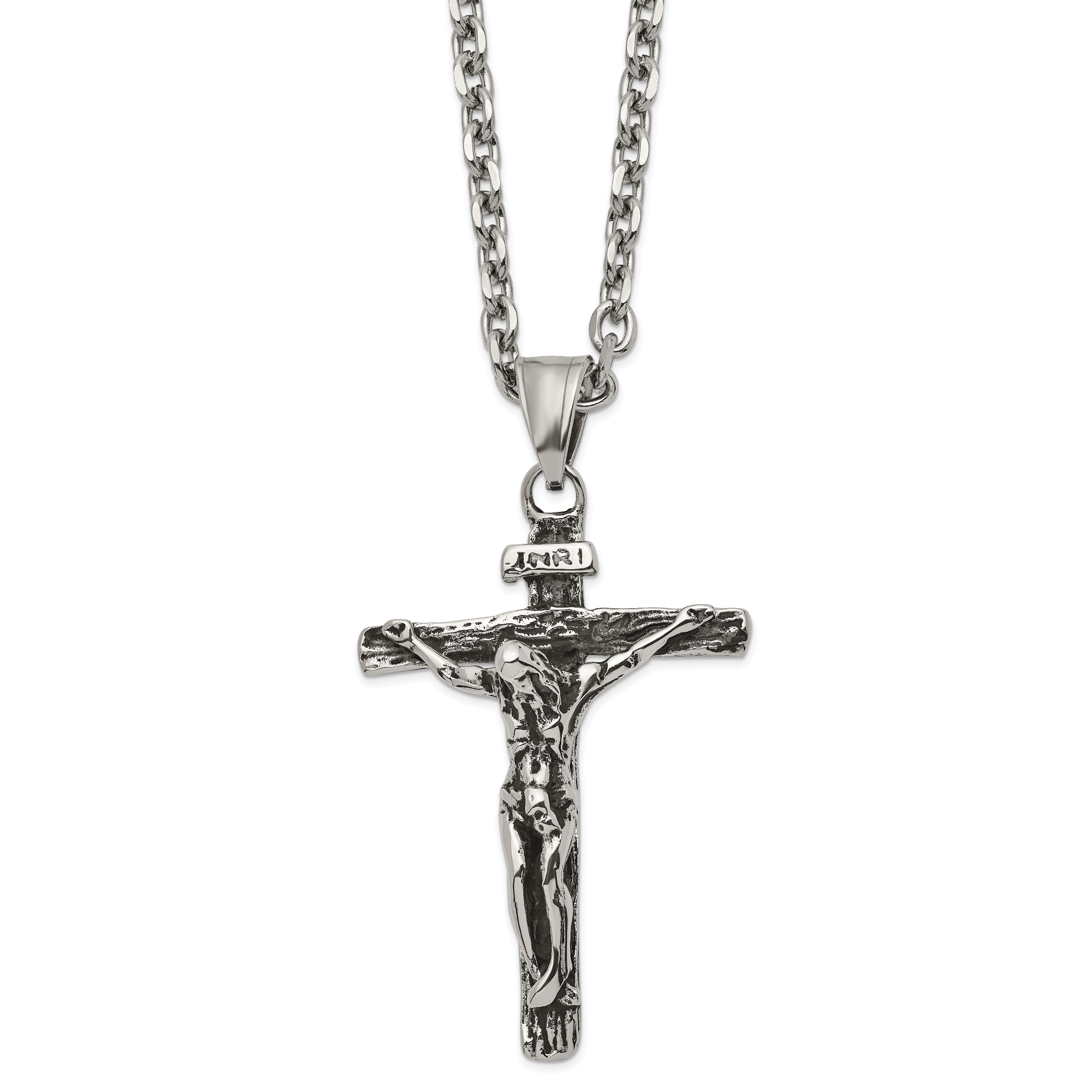 Chisel Stainless Steel Antiqued and Polished INRI Crucifix Pendant on a 24 inch Cable Chain Necklace Main image