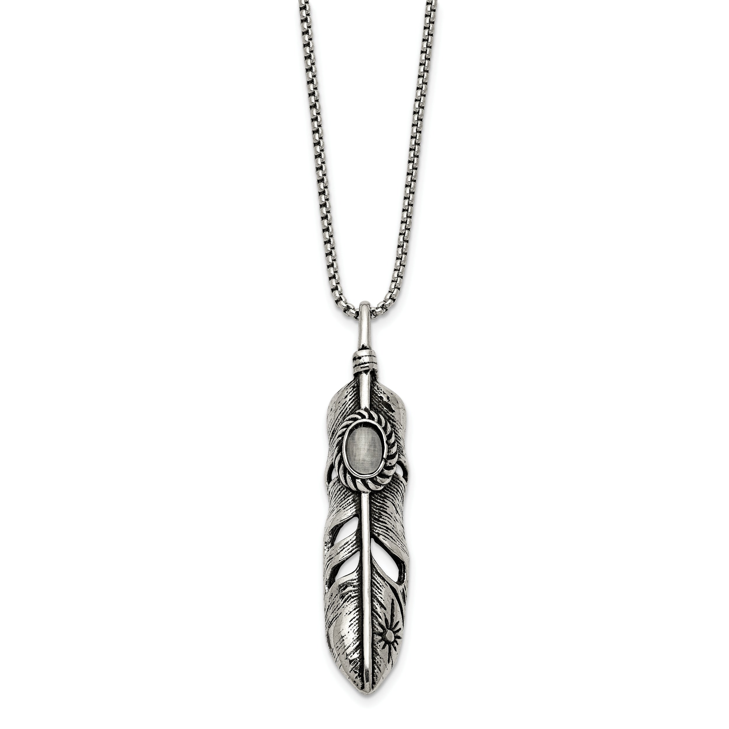 Chisel Stainless Steel Antiqued and Polished with White Cat's Eye Feather Pendant on a 24 inch Box Chain Necklace