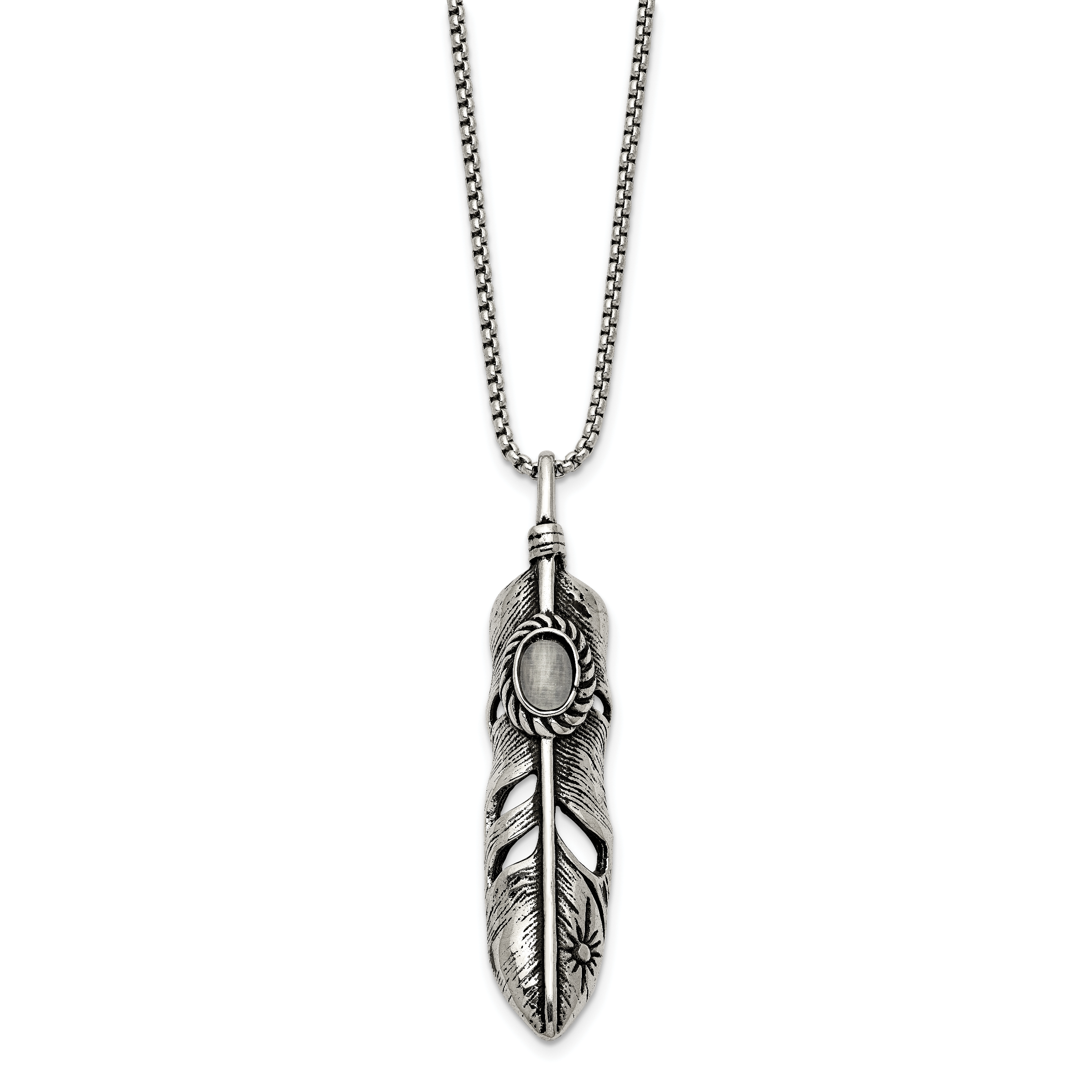 Chisel Stainless Steel Antiqued and Polished with White Cat's Eye Feather Pendant on a 24 inch Box Chain Necklace Secondary image