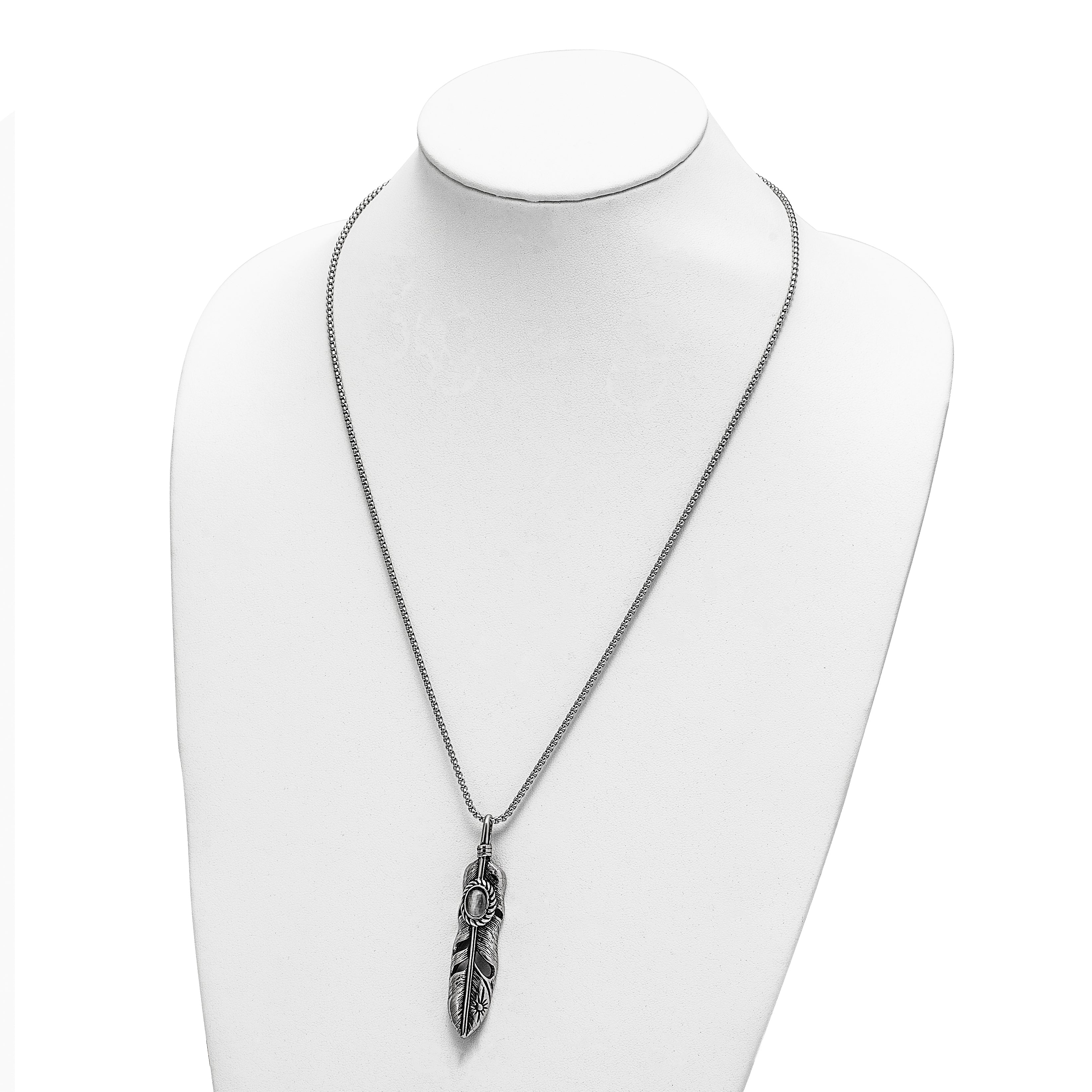 Chisel Stainless Steel Antiqued and Polished with White Cat's Eye Feather Pendant on a 24 inch Box Chain Necklace