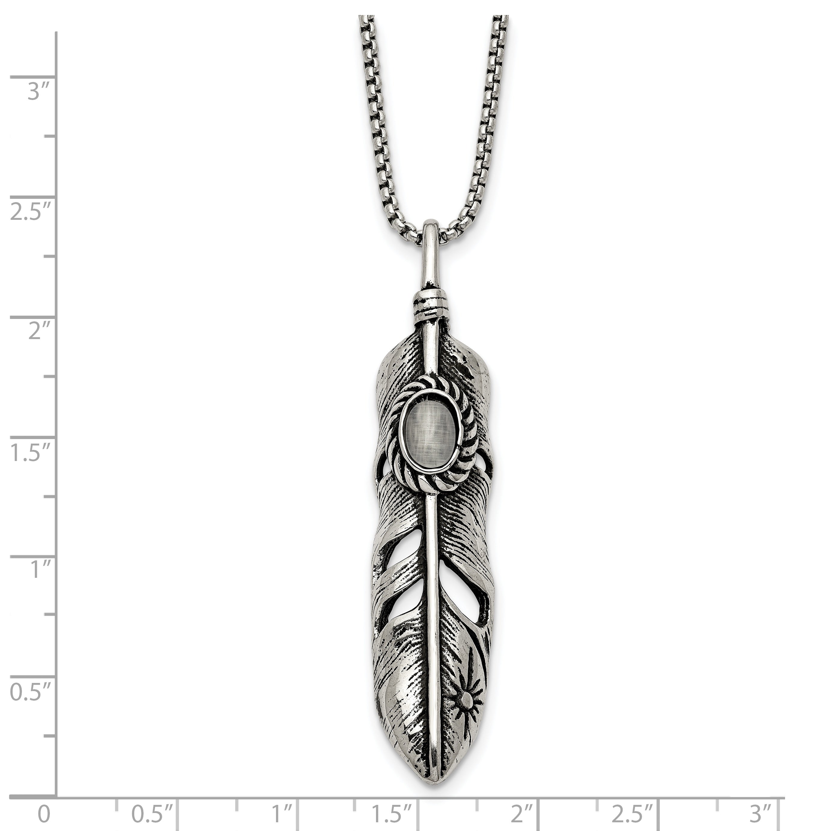 Chisel Stainless Steel Antiqued and Polished with White Cat's Eye Feather Pendant on a 24 inch Box Chain Necklace