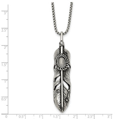 Chisel Stainless Steel Antiqued and Polished with White Cat's Eye Feather Pendant on a 24 inch Box Chain Necklace
