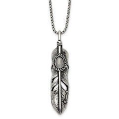 Chisel Stainless Steel Antiqued and Polished with White Cat's Eye Feather Pendant on a 24 inch Box Chain Necklace