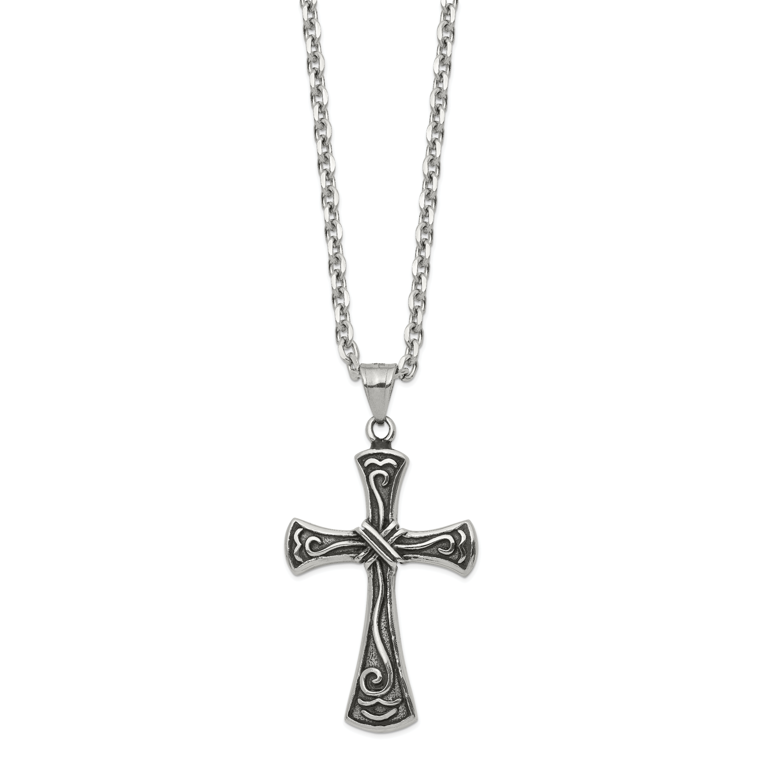 Chisel Stainless Steel Antiqued and Polished Swirl Design Cross Pendant on a 25.5 inch Cable Chain Necklace Secondary image