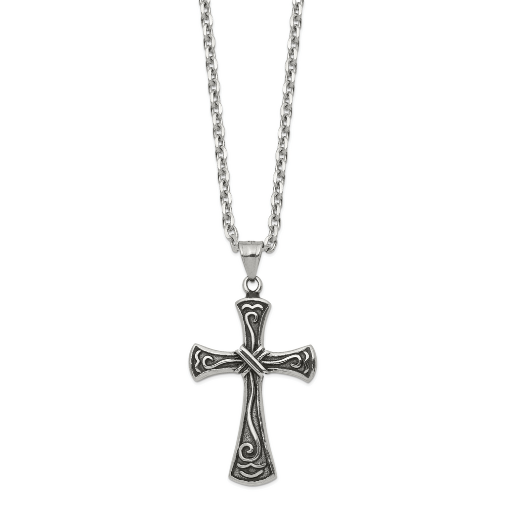 Chisel Stainless Steel Antiqued and Polished Swirl Design Cross Pendant on a 25.5 inch Cable Chain Necklace