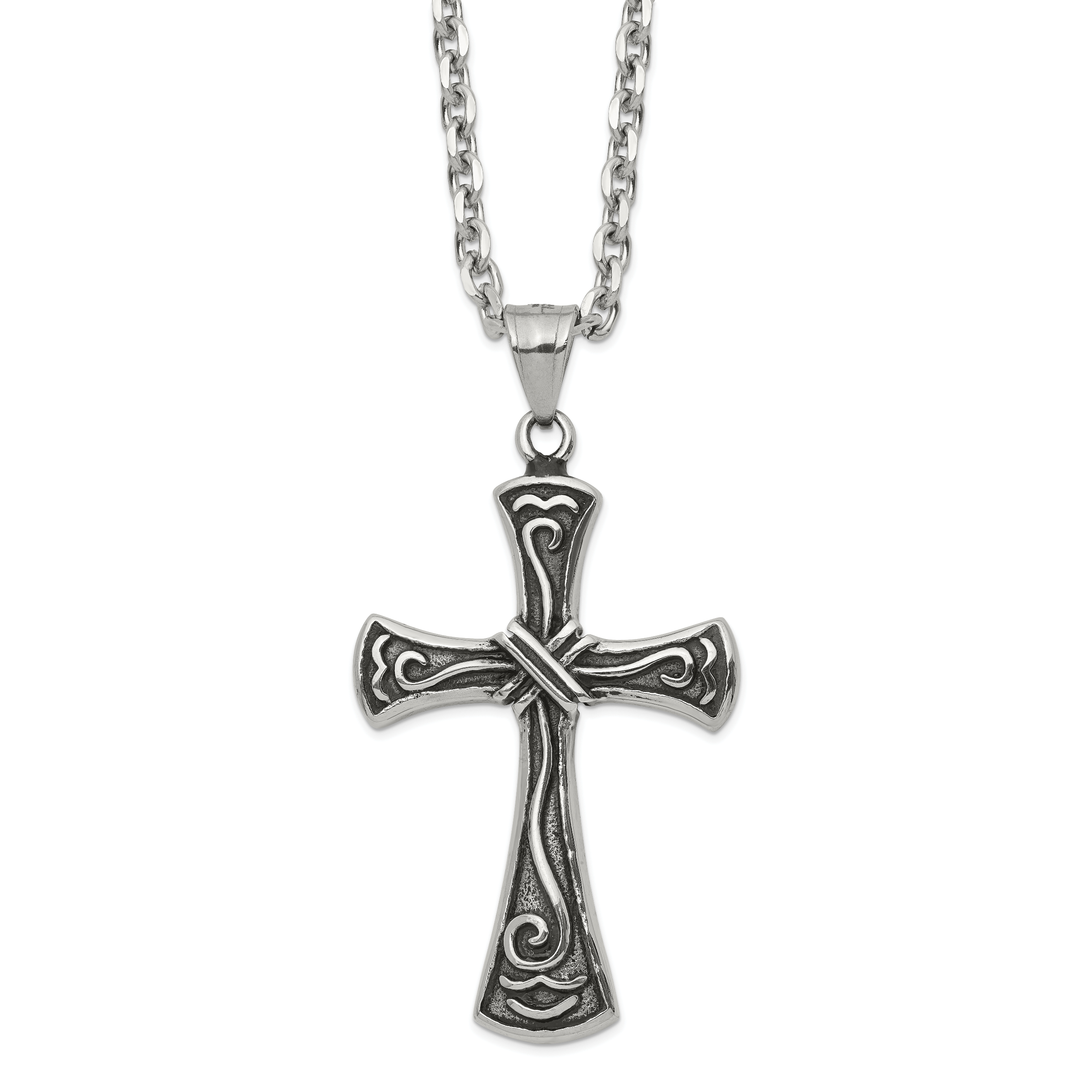 Chisel Stainless Steel Antiqued and Polished Swirl Design Cross Pendant on a 25.5 inch Cable Chain Necklace Main image