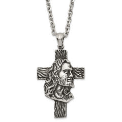 Chisel Stainless Steel Antiqued and Polished Jesus Cross Pendant on a 25.5 inch Cable Chain Necklace