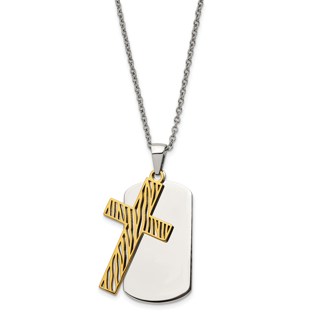 Chisel Stainless Steel Polished Yellow IP-plated 2 Piece Cut Out Stripes Cross Dog Tag on a 24 inch Cable Chain Necklace