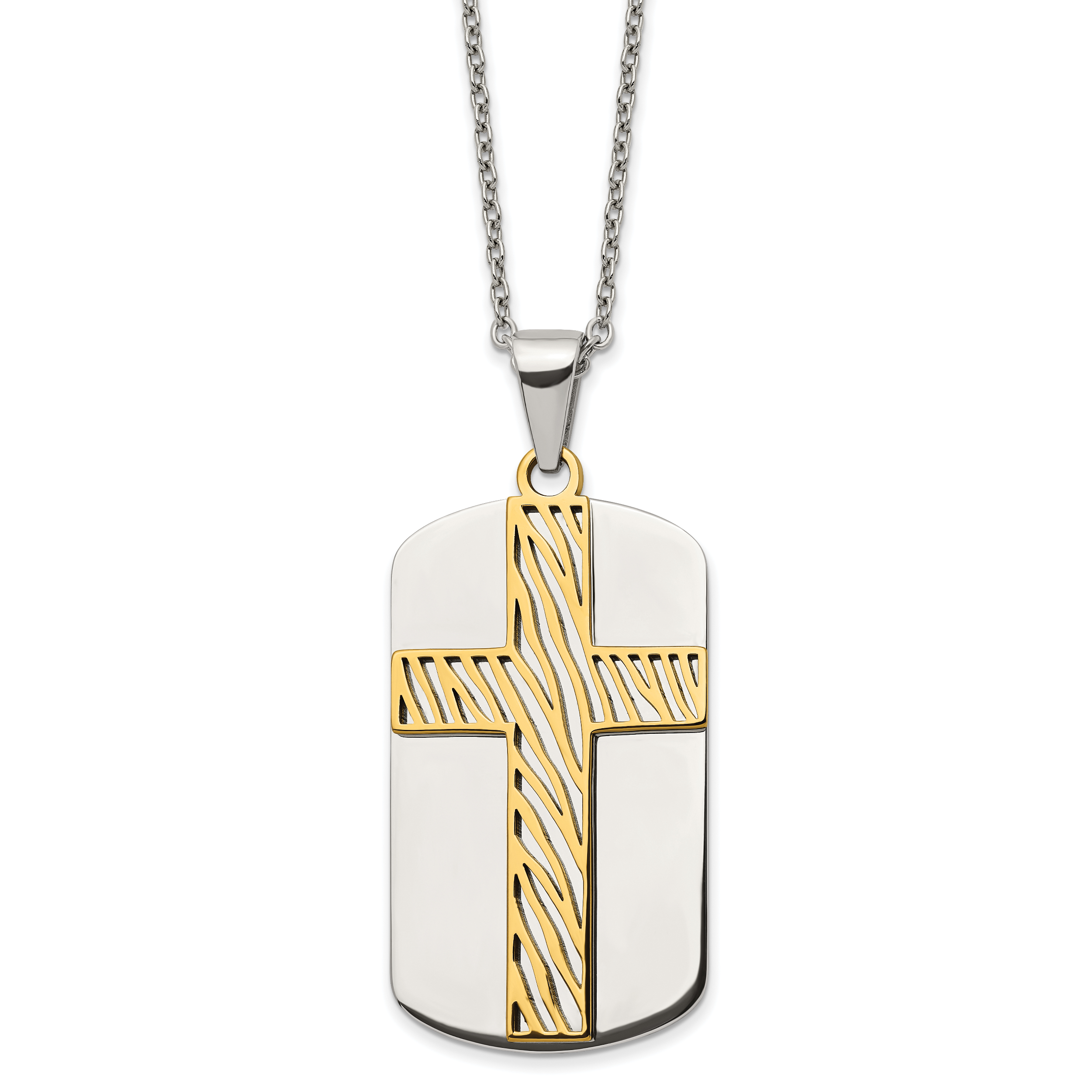 Chisel Stainless Steel Polished Yellow IP-plated 2 Piece Cut Out Stripes Cross Dog Tag on a 24 inch Cable Chain Necklace Main image