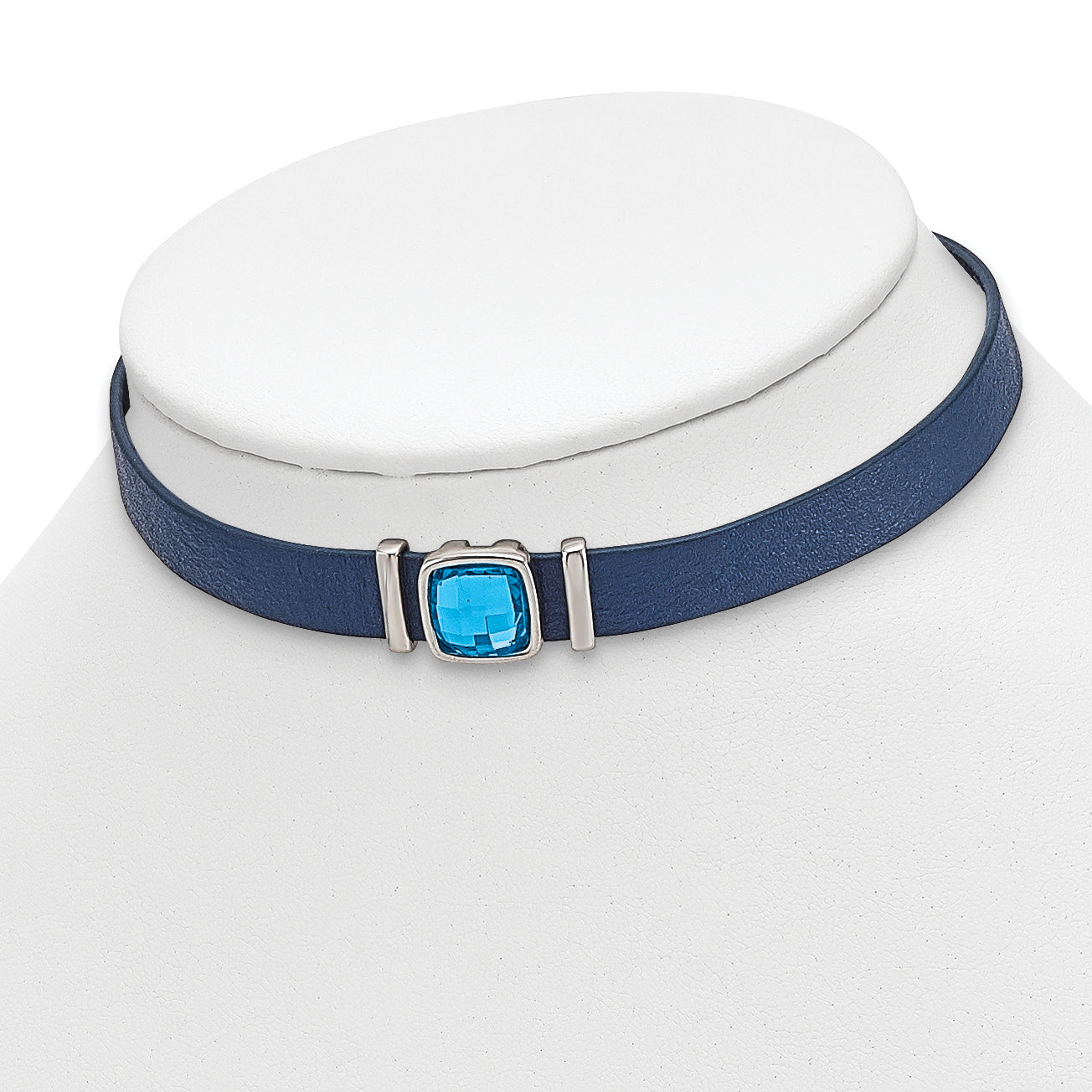 Stainless Steel Polished Blue Leather w/Crystal 13in w/1.75in ext Choker Secondary image