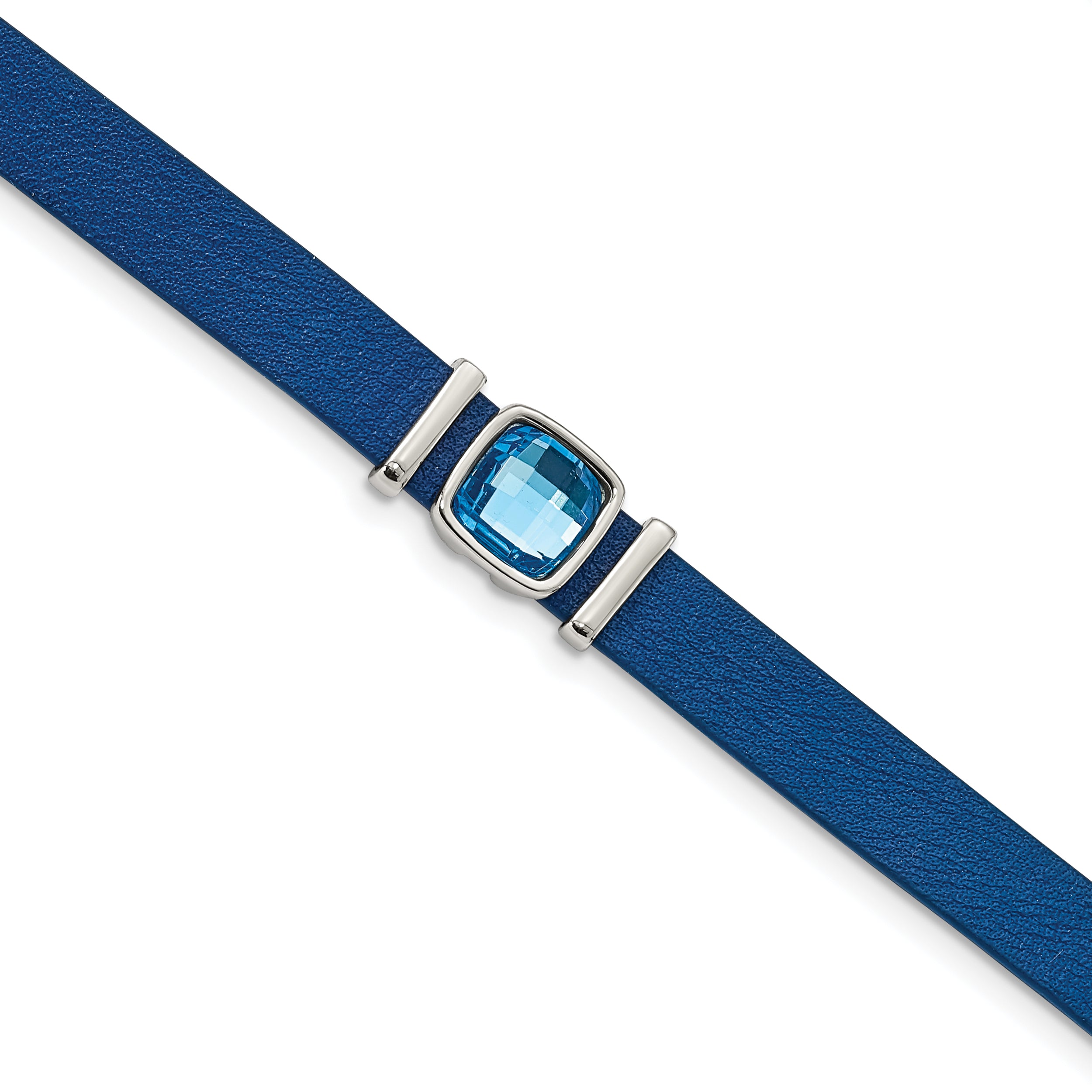 Stainless Steel Polished Blue Leather w/Crystal 13in w/1.75in ext Choker Main image
