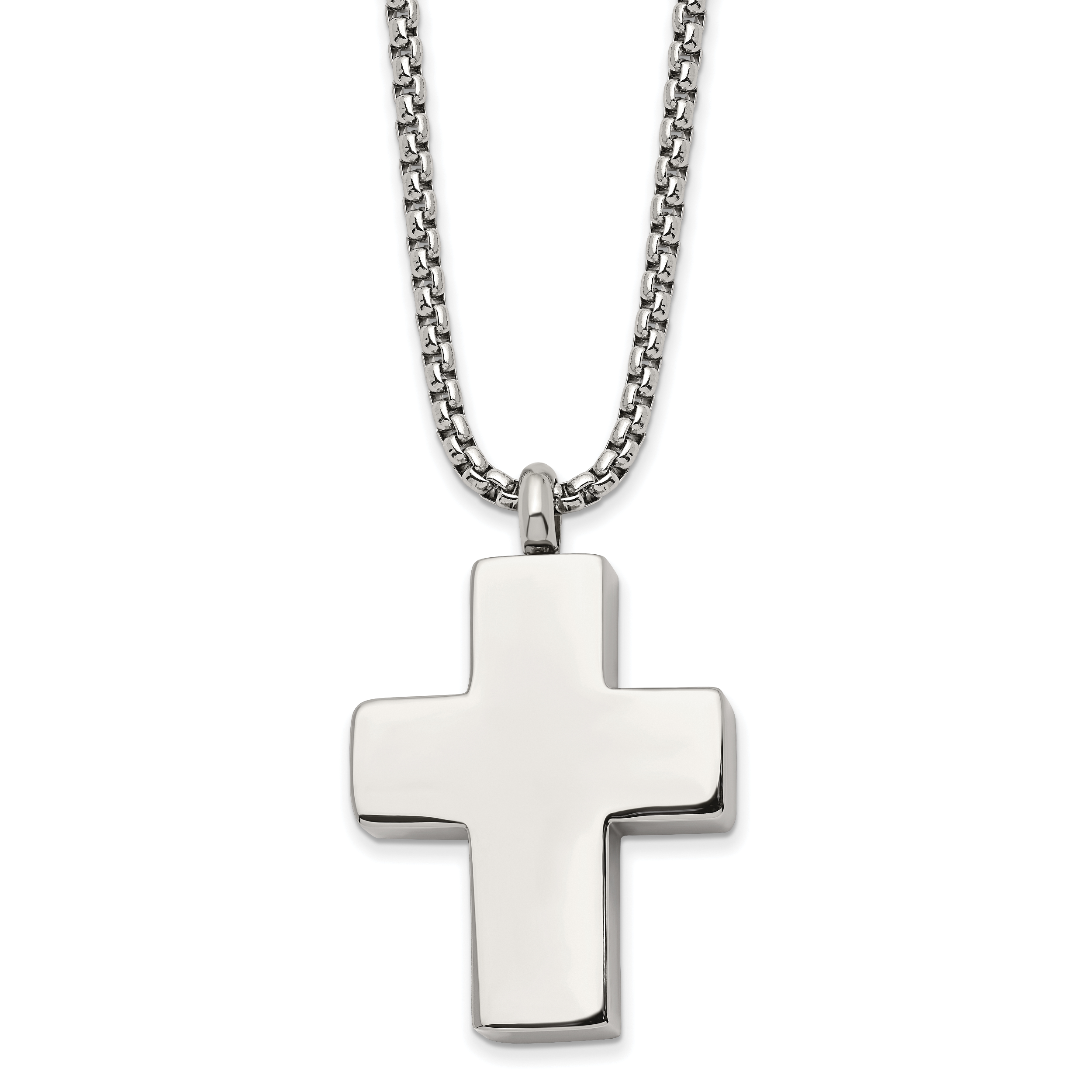 Chisel Stainless Steel Brushed and Polished Reversible Cross Ash Holder on a 24 inch Box Chain Necklace Main image