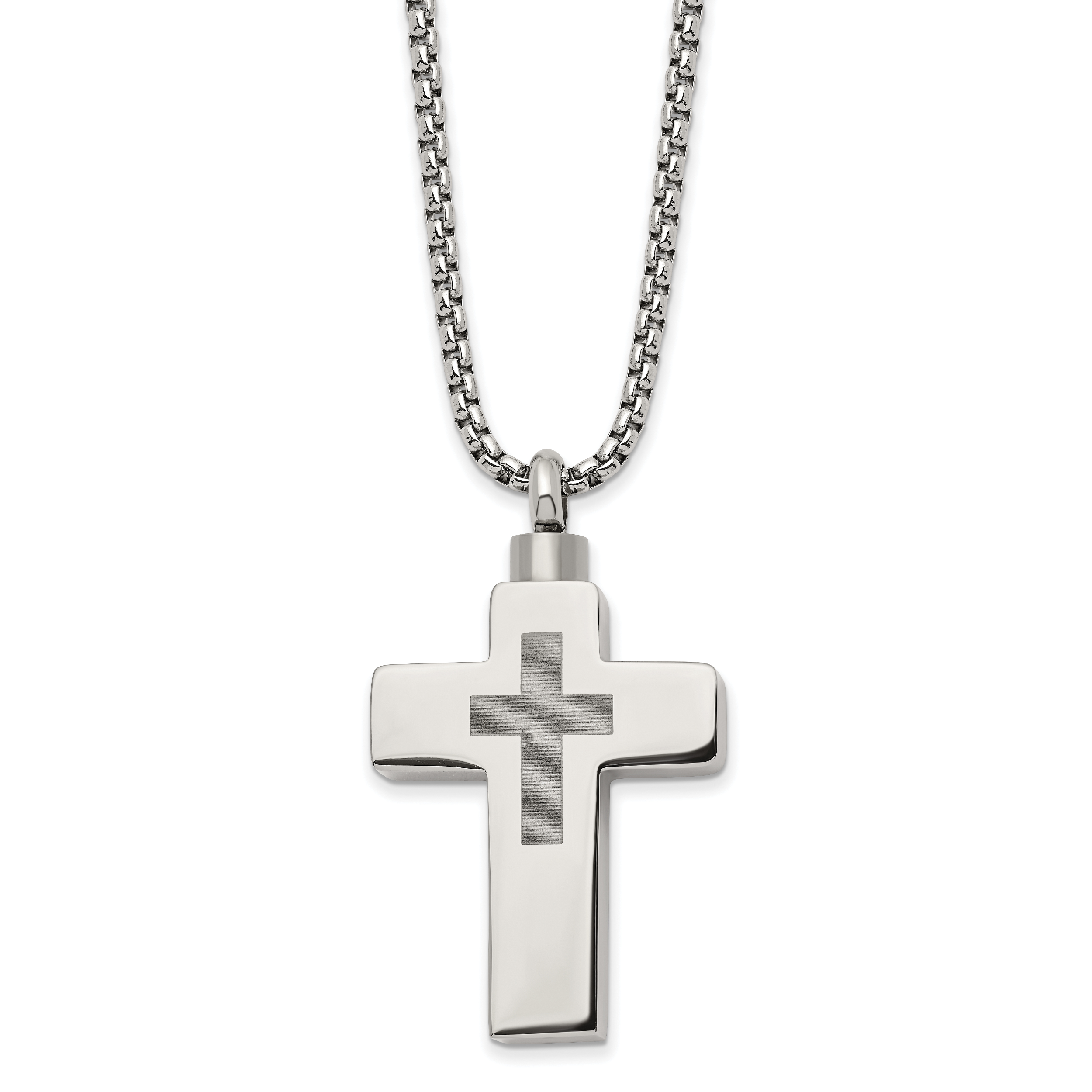Chisel Stainless Steel Polished and Lasered Cross Ash Holder on a 24in Box Chain Necklace Main image