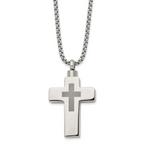 Chisel Stainless Steel Polished and Lasered Cross Ash Holder on a 24in Box Chain Necklace