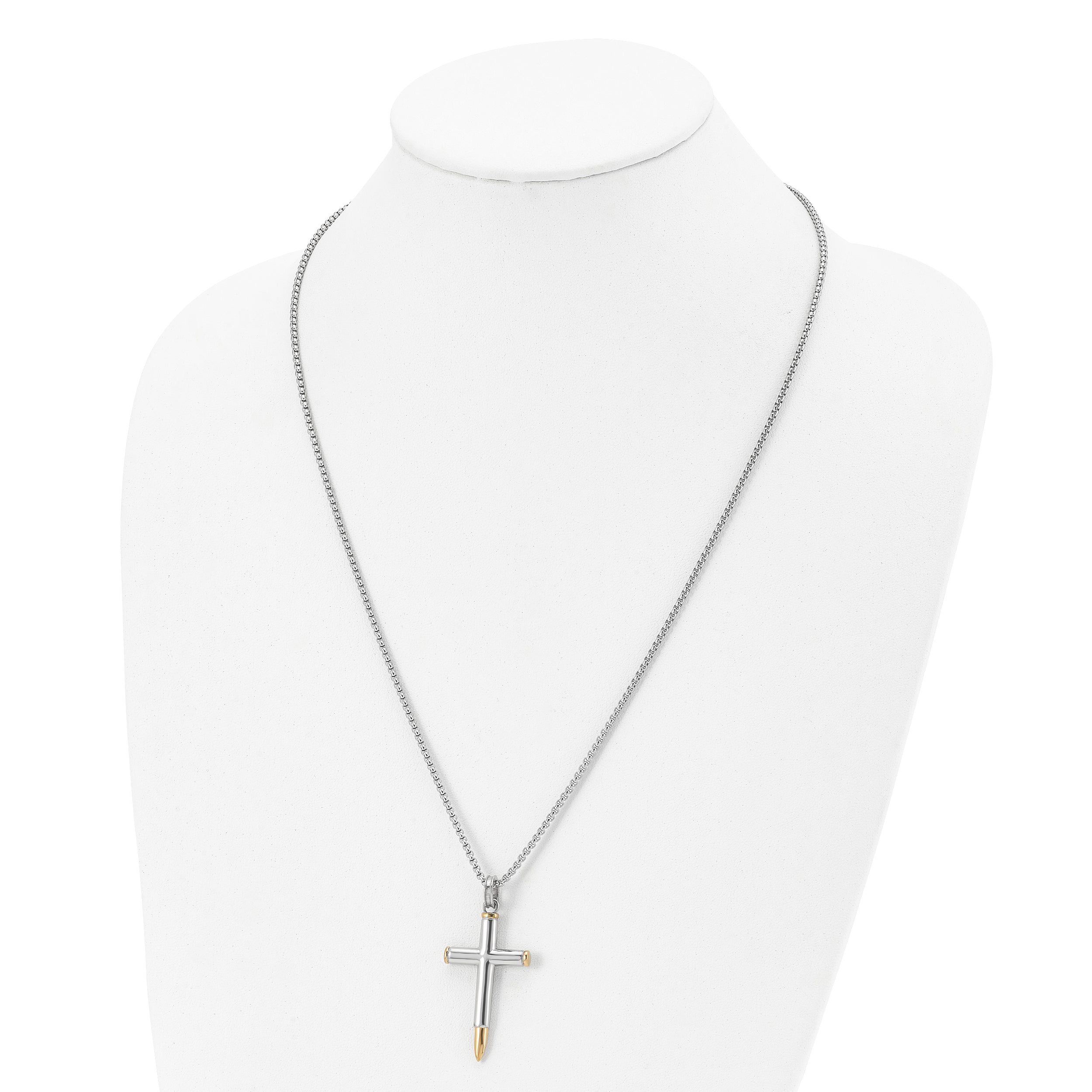 Chisel Stainless Steel Polished Yellow IP-plated Bullet Cross Pendant on a 24 inch Box Chain Necklace