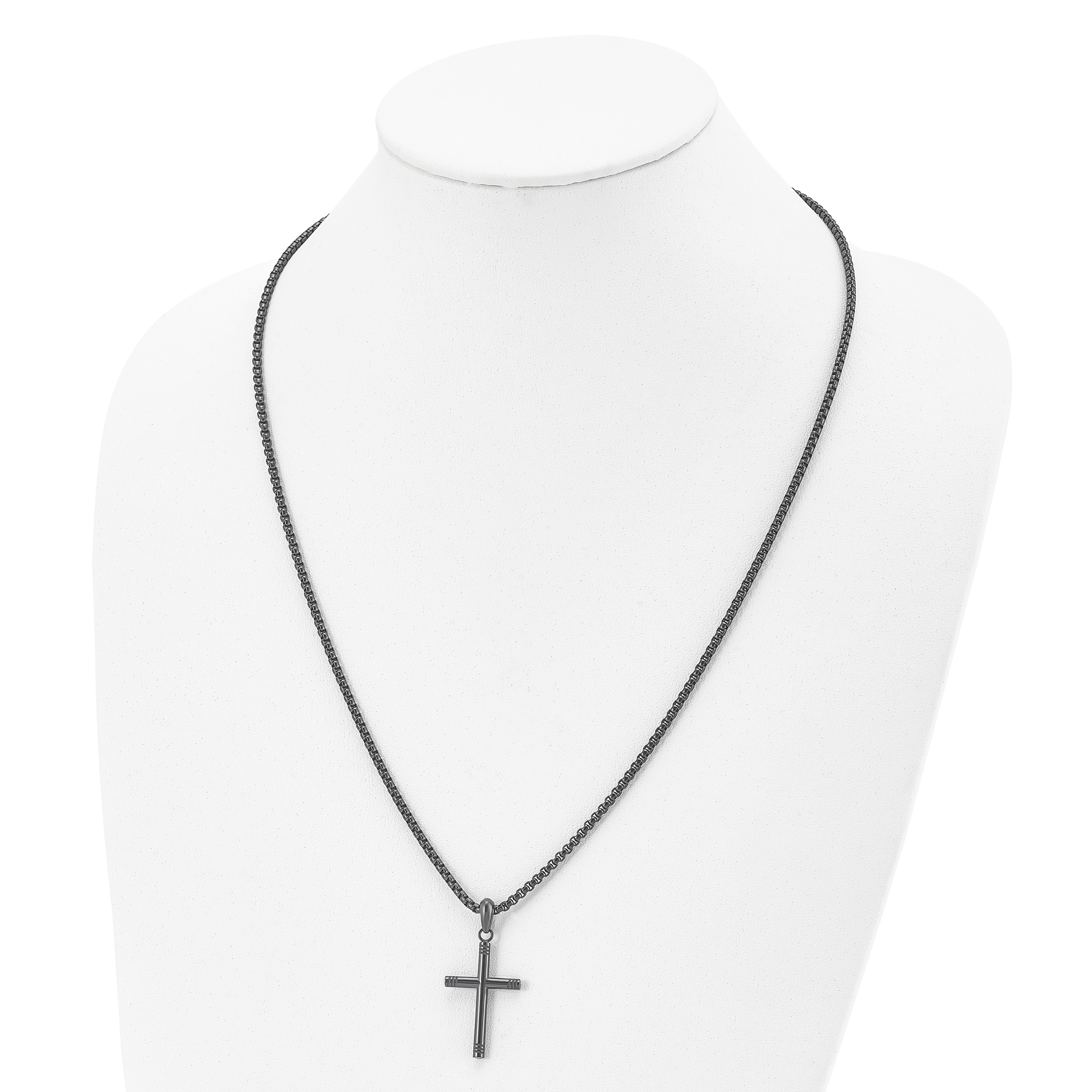 Chisel Stainless Steel Polished Dark Grey IP-plated Cross Pendant on a 24 inch Box Chain Necklace