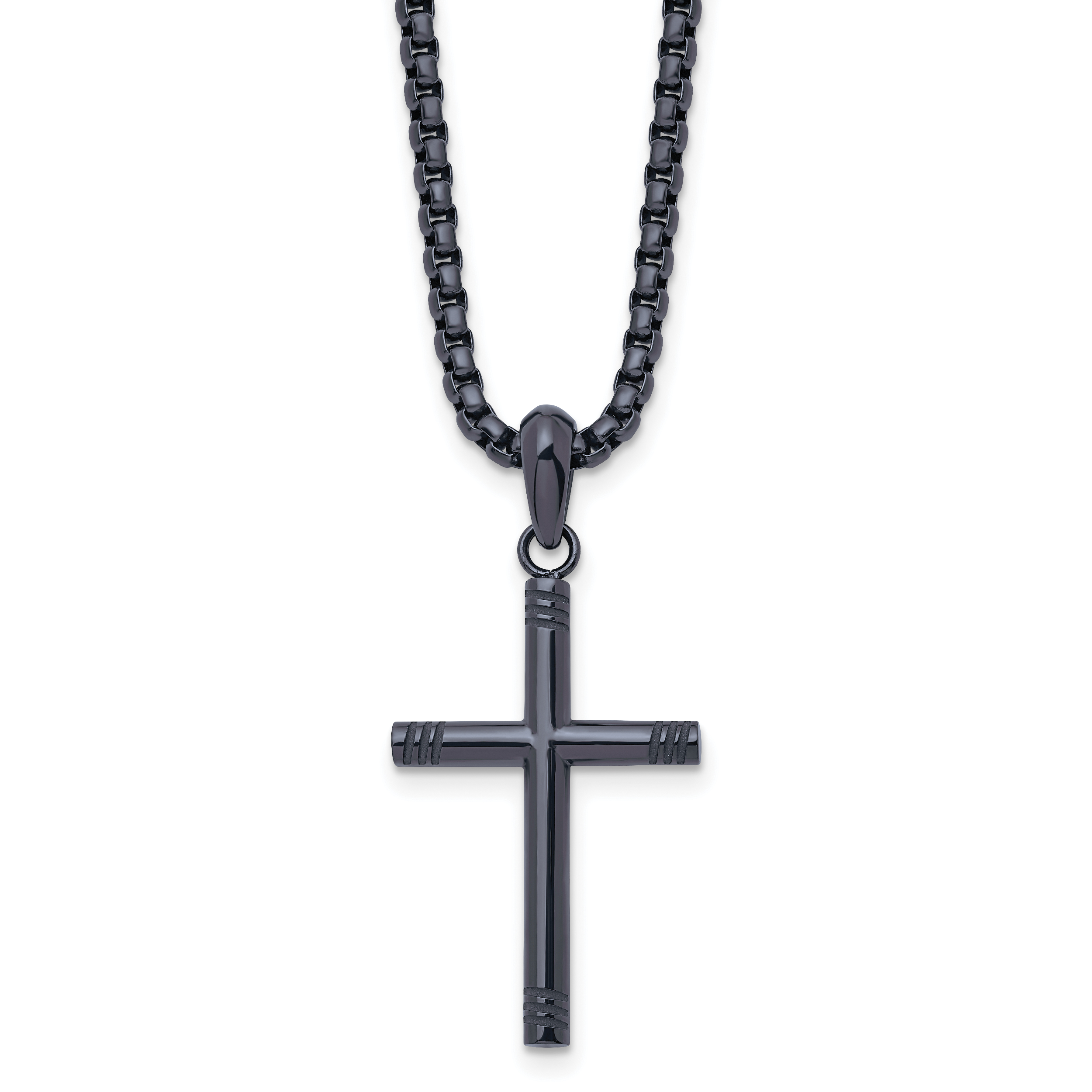 Chisel Stainless Steel Polished Dark Grey IP-plated Cross Pendant on a 24 inch Box Chain Necklace Main image